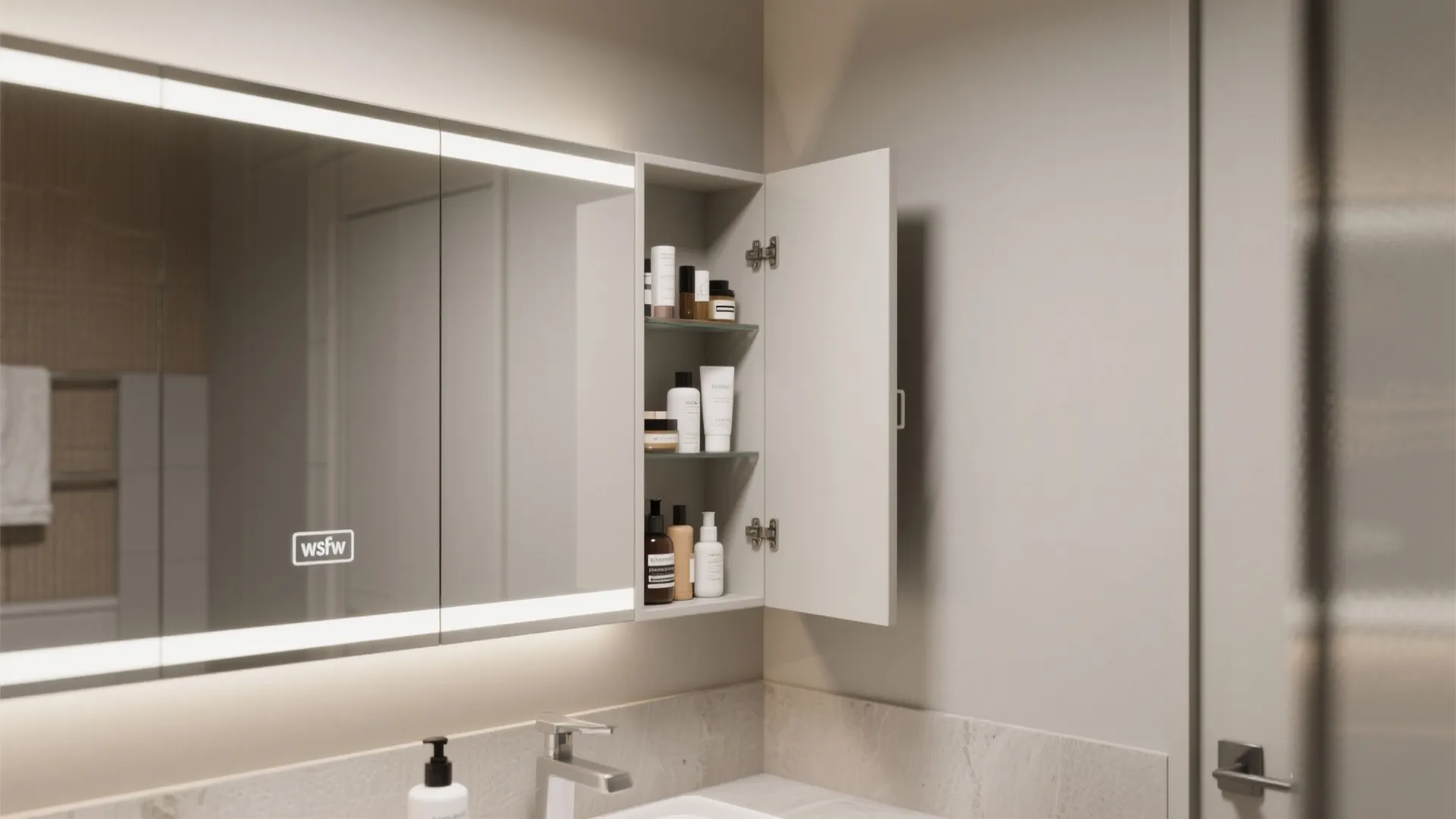 Modern bathroom with a lighted mirror cabinet that is open showing several small skincare bottles