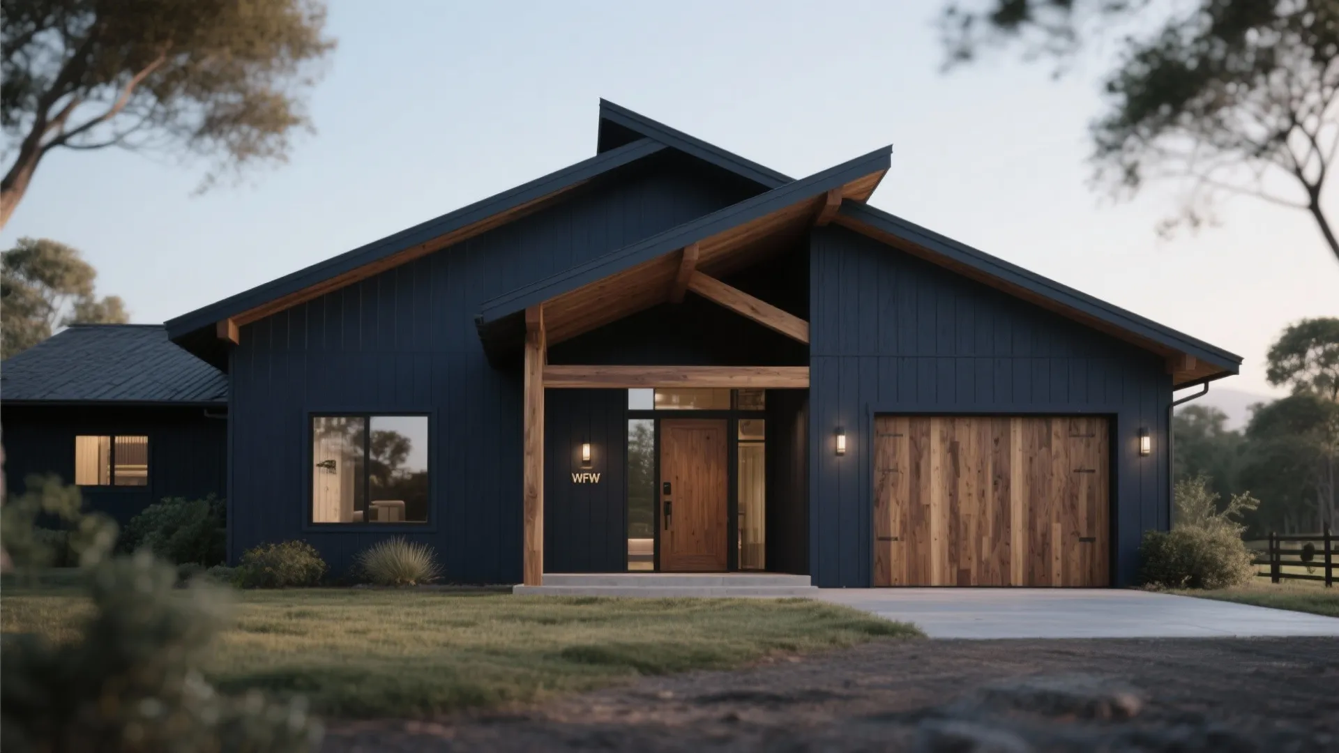Modern dark blue house with wooden garage door and front porch under a clear sky