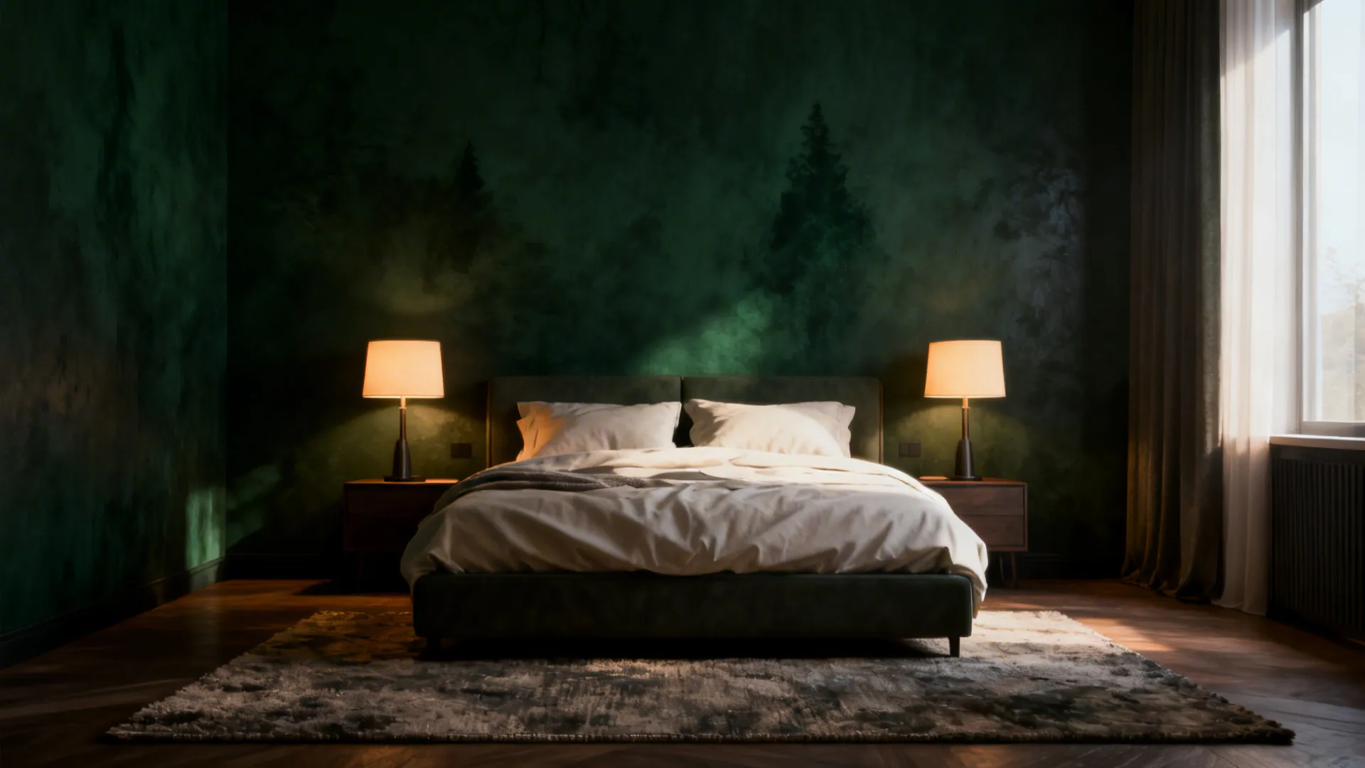 Bedroom with a deep forest green accent wall behind the bed and light bedding for contrast
