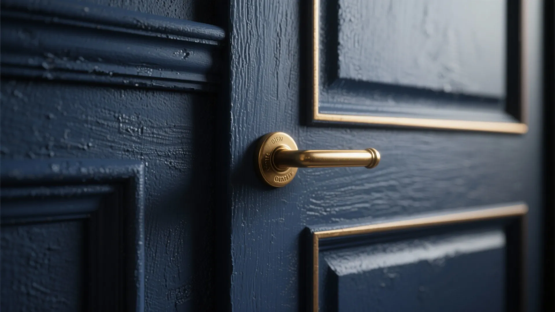 Close-up of deep navy textured wall with polished brass hardware highlighting contrast
