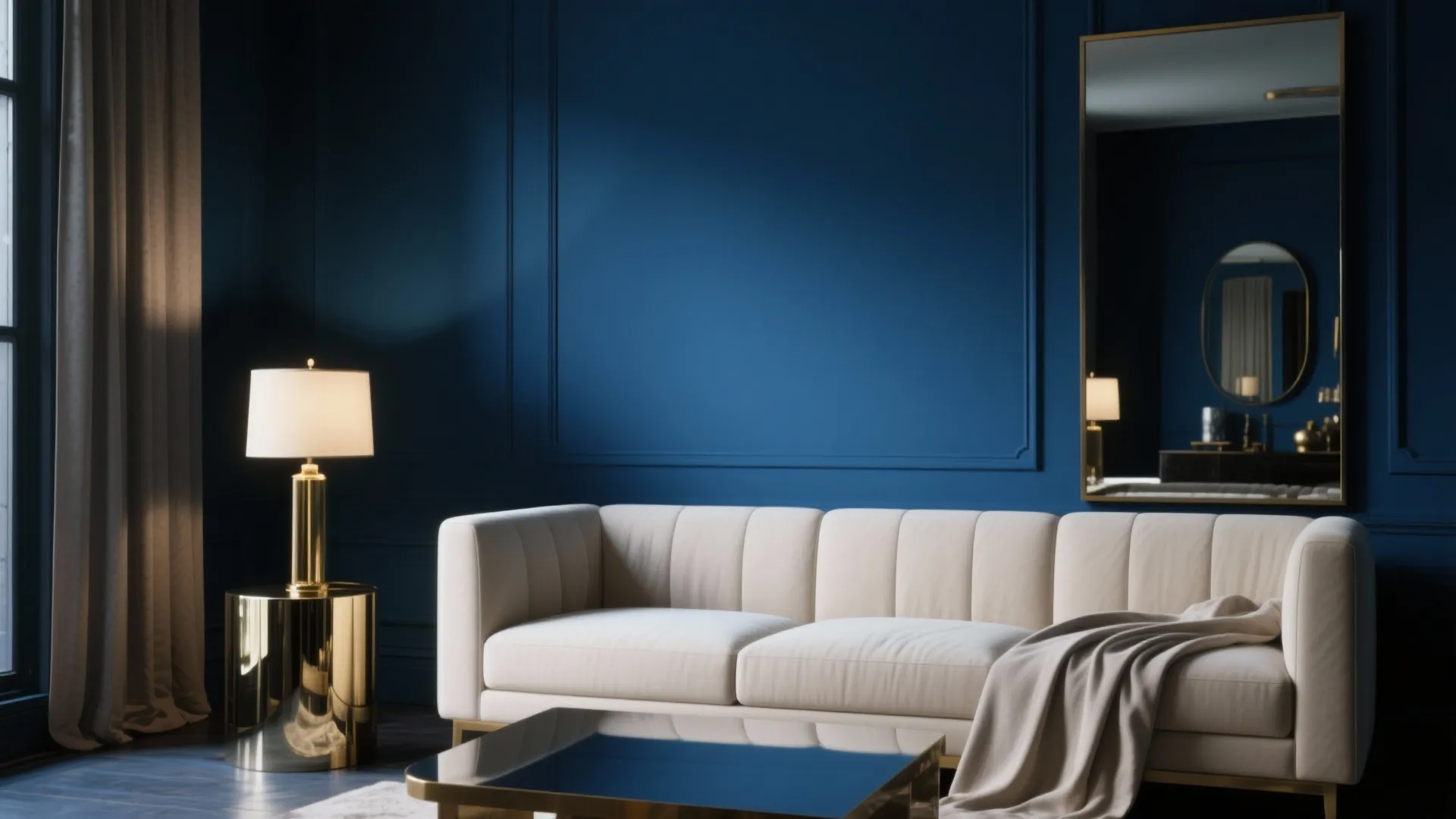 Elegant dark blue living room with white sofa gold side table light fixture and large mirror