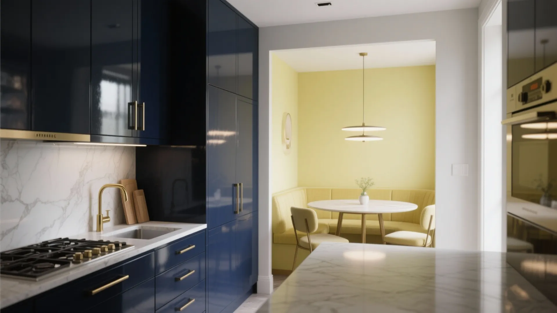 3. Deep moody kitchen, bright dining