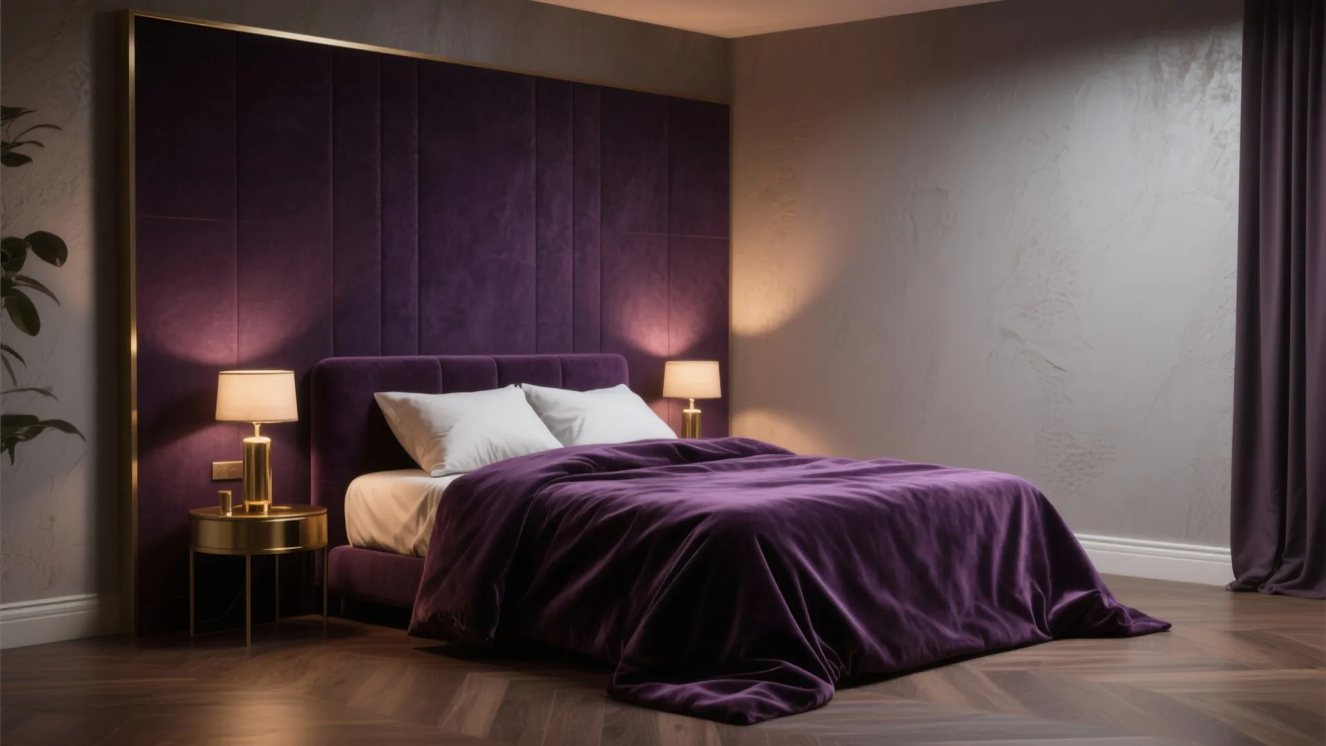 1. Deep-moody retreat: Eggplant walls with warm gray