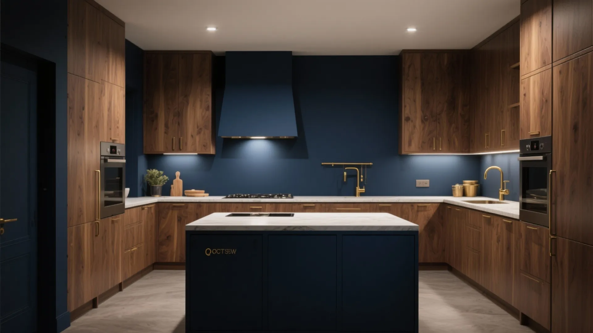 Modern kitchen with navy blue walls, wood cabinets, blue island, white marble countertops, and ovens