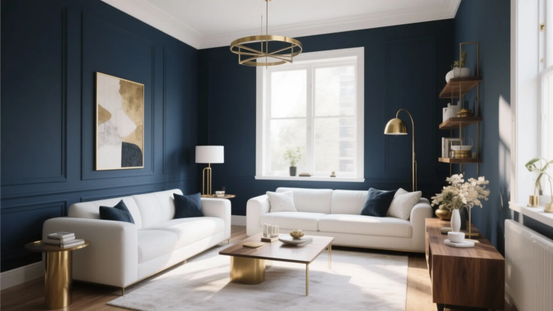 Living room with a deep navy accent wall and brass details