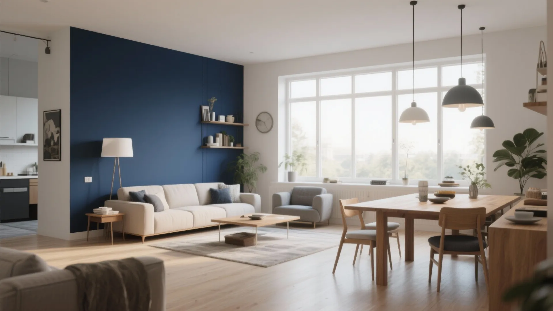 Dining area with deep navy accent wall and sunlight