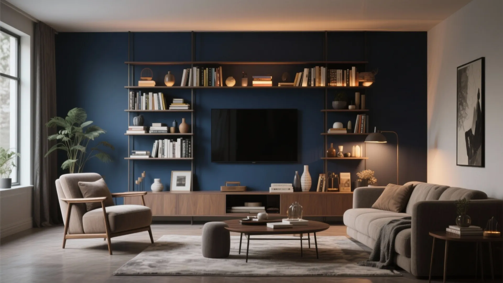 Living room with deep navy accent wall behind shelving unit