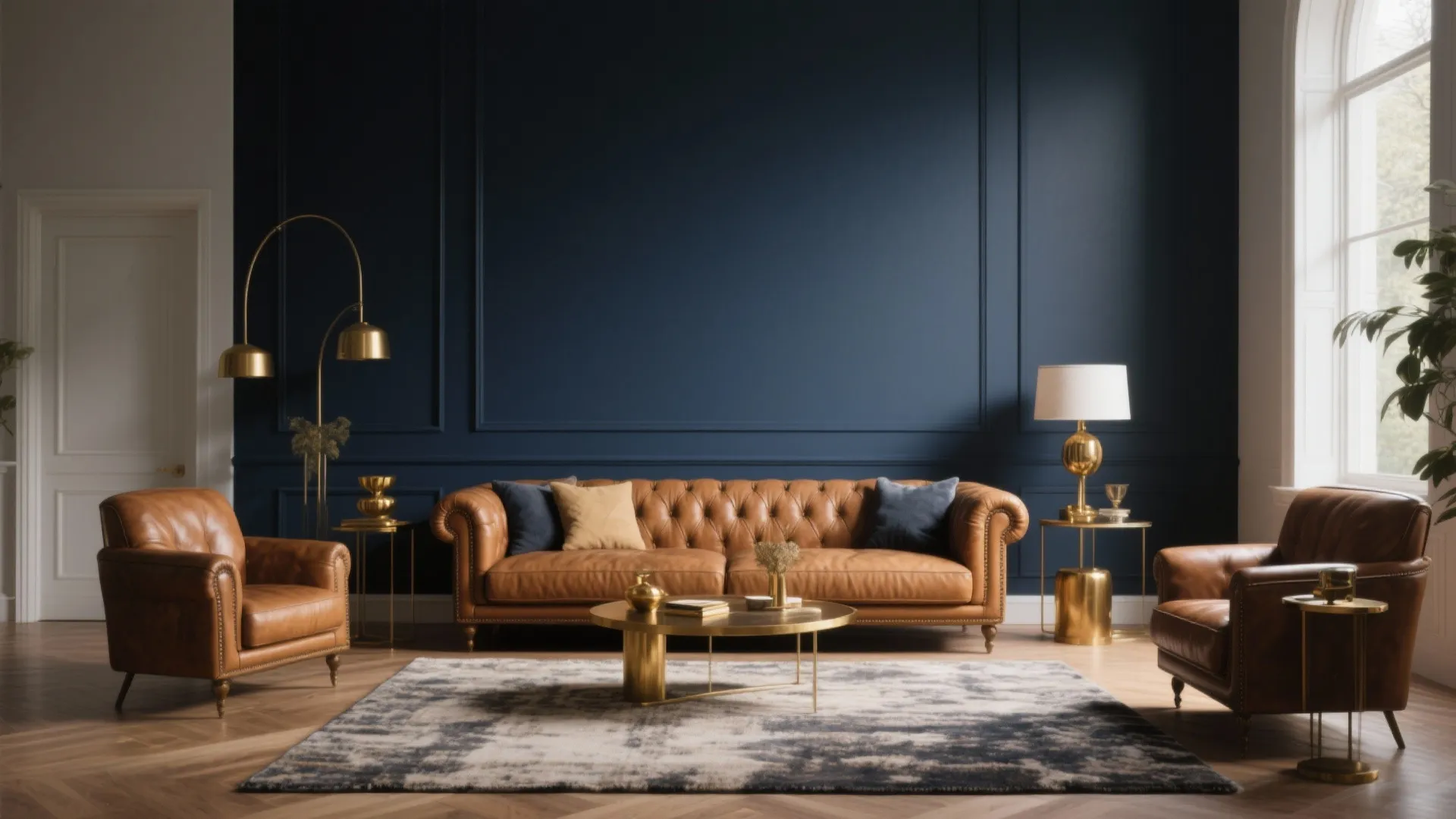 Living room with deep navy accent wall and tan leather sofa