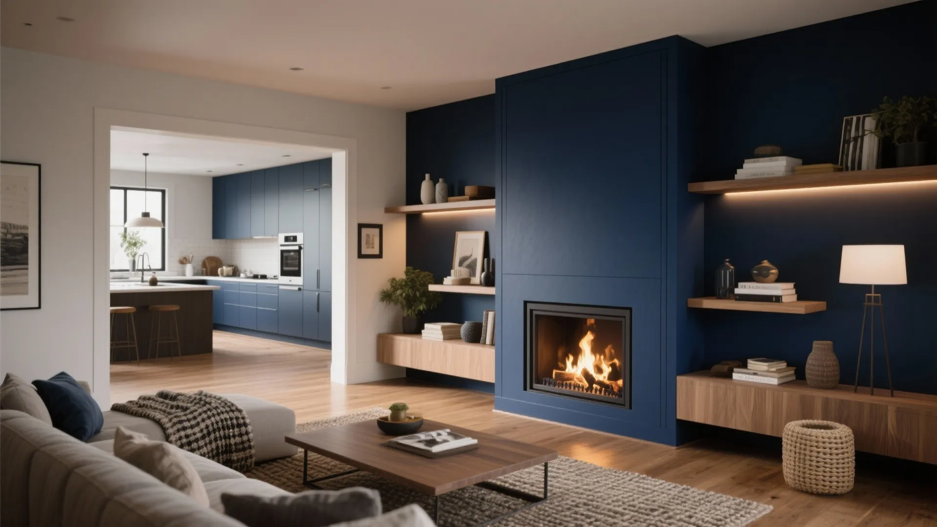 Modern living room with blue accent wall fireplace wooden shelves and open view to kitchen
