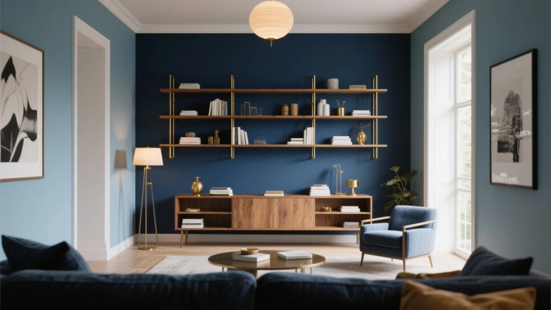 Modern living room with dark blue accent wall wooden cabinet gold wall shelves and blue armchair