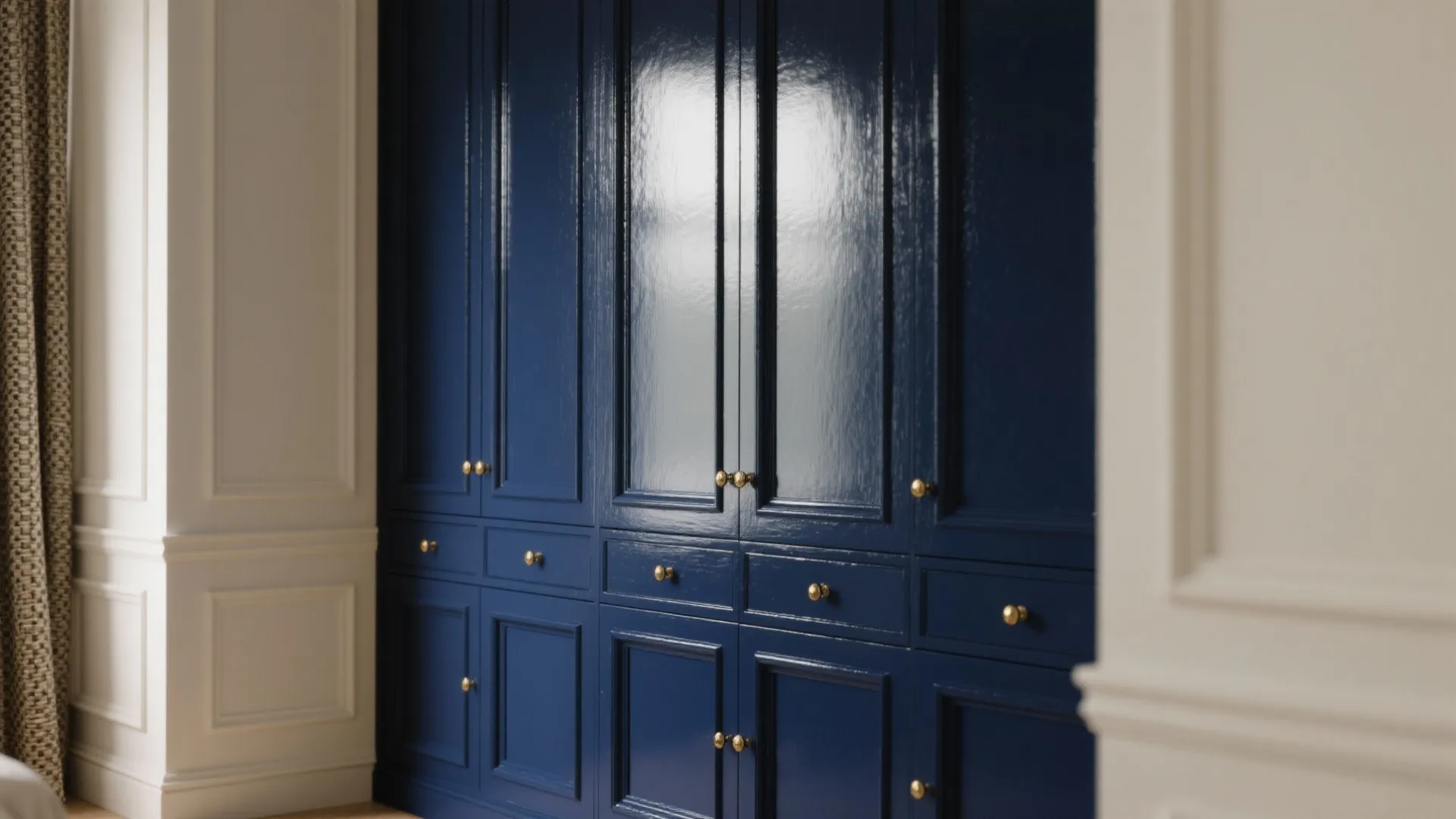 Close-up of deep navy cabinetry and trim against cream walls, showing sheen, texture, and hardware details.