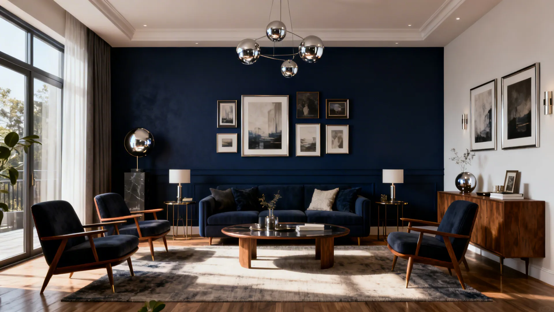 Modern living room with navy blue wall, matching sofa, blue chairs, wooden cabinet, and carpet