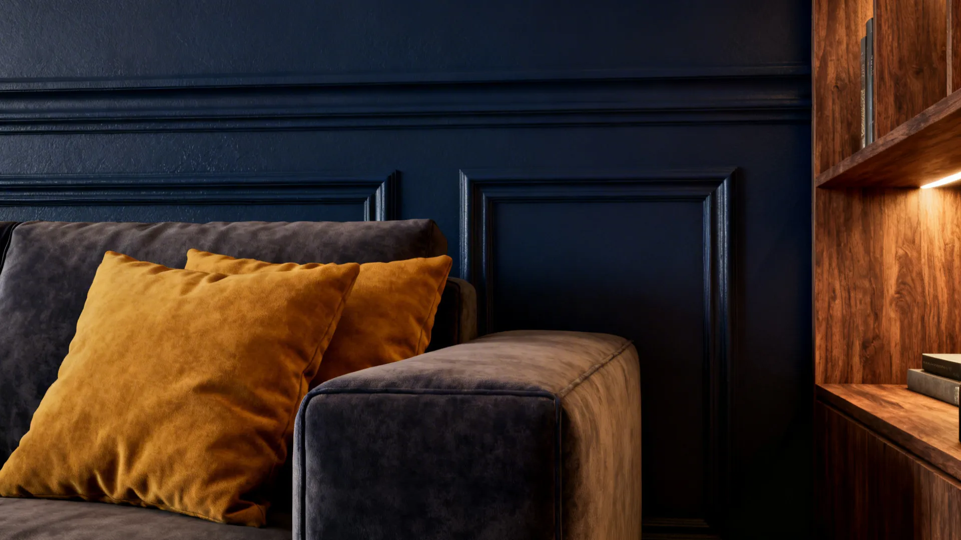 Cozy accent wall in deep navy behind sofa with ochre cushions and wood shelving.