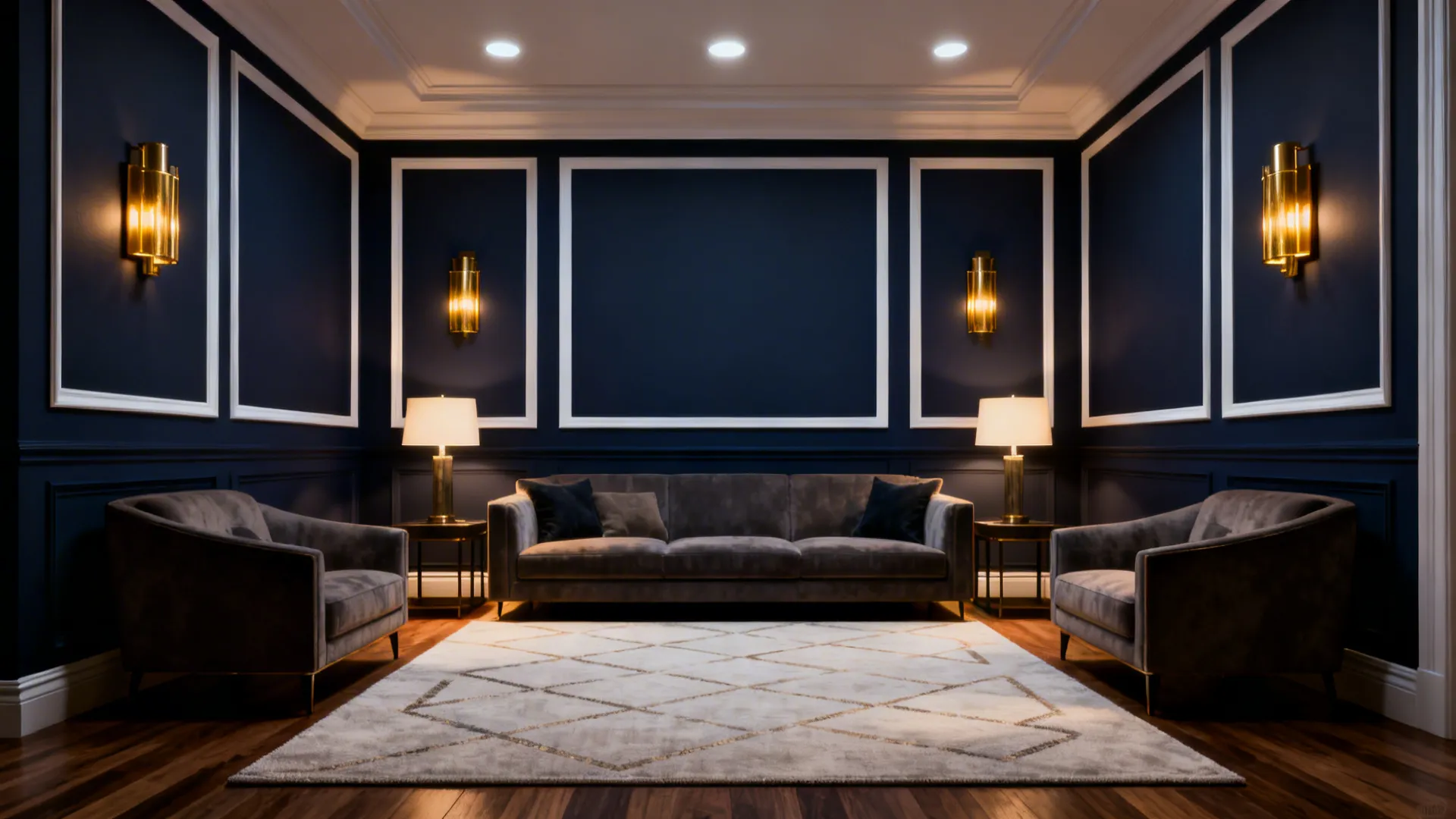 Living room with a deep navy accent wall, white trim, brass sconces and a light rug.