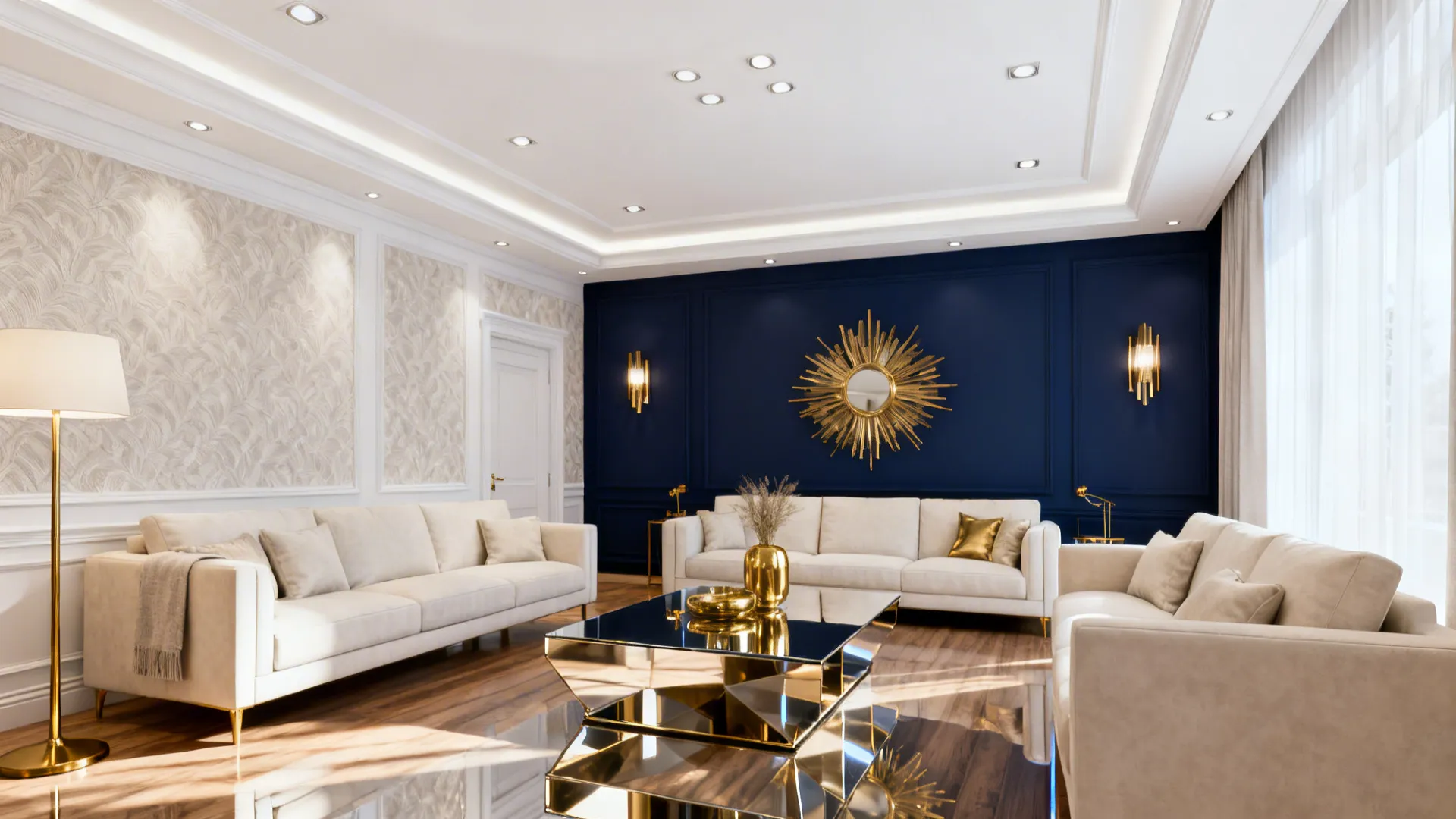 Living room with a deep navy accent wall, white ceiling, light furniture and metallic decor creating dramatic depth.