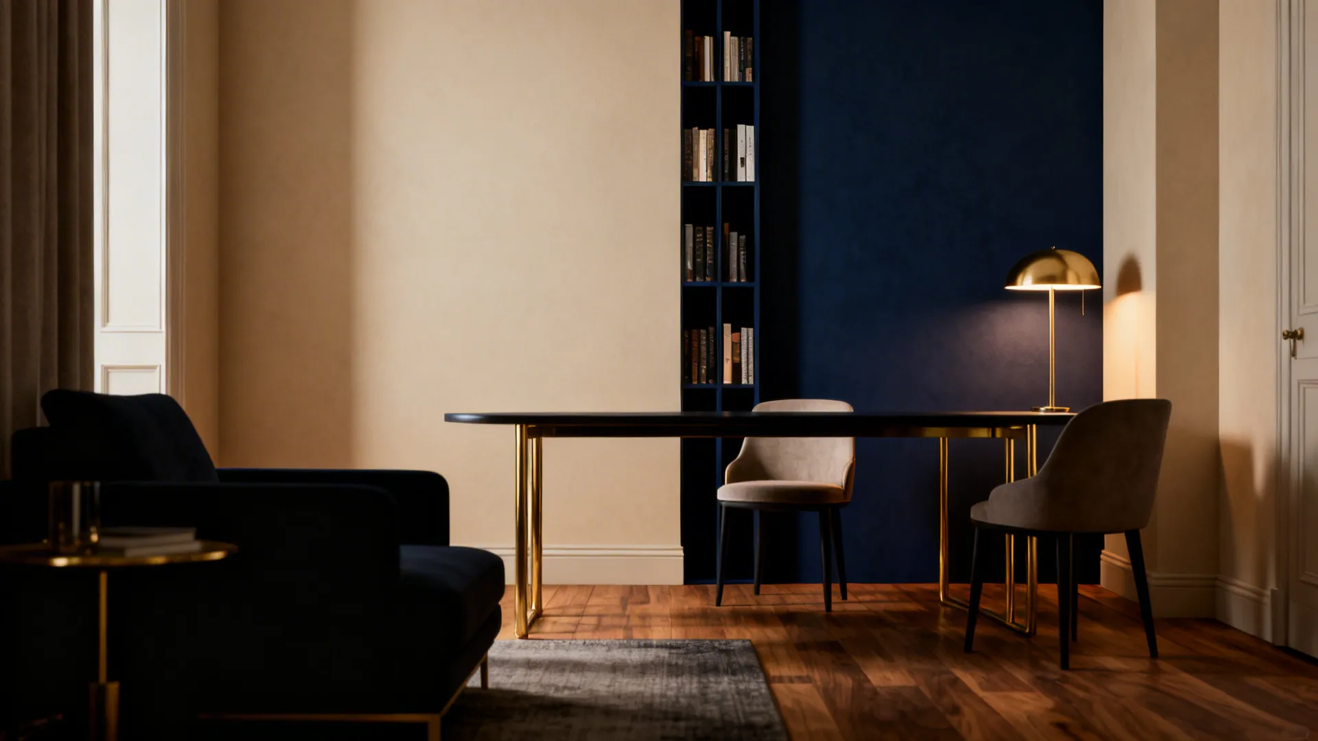 Modern home office with blue accent wall gold table lamp black desk and grey chairs