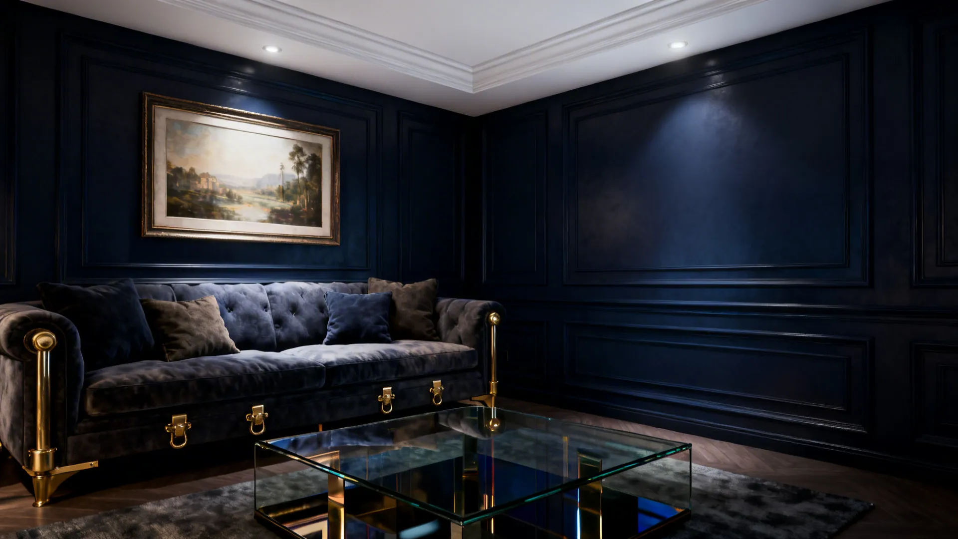 Living room with a deep navy feature wall, sofa, brass accents, and light ceiling for contrast.