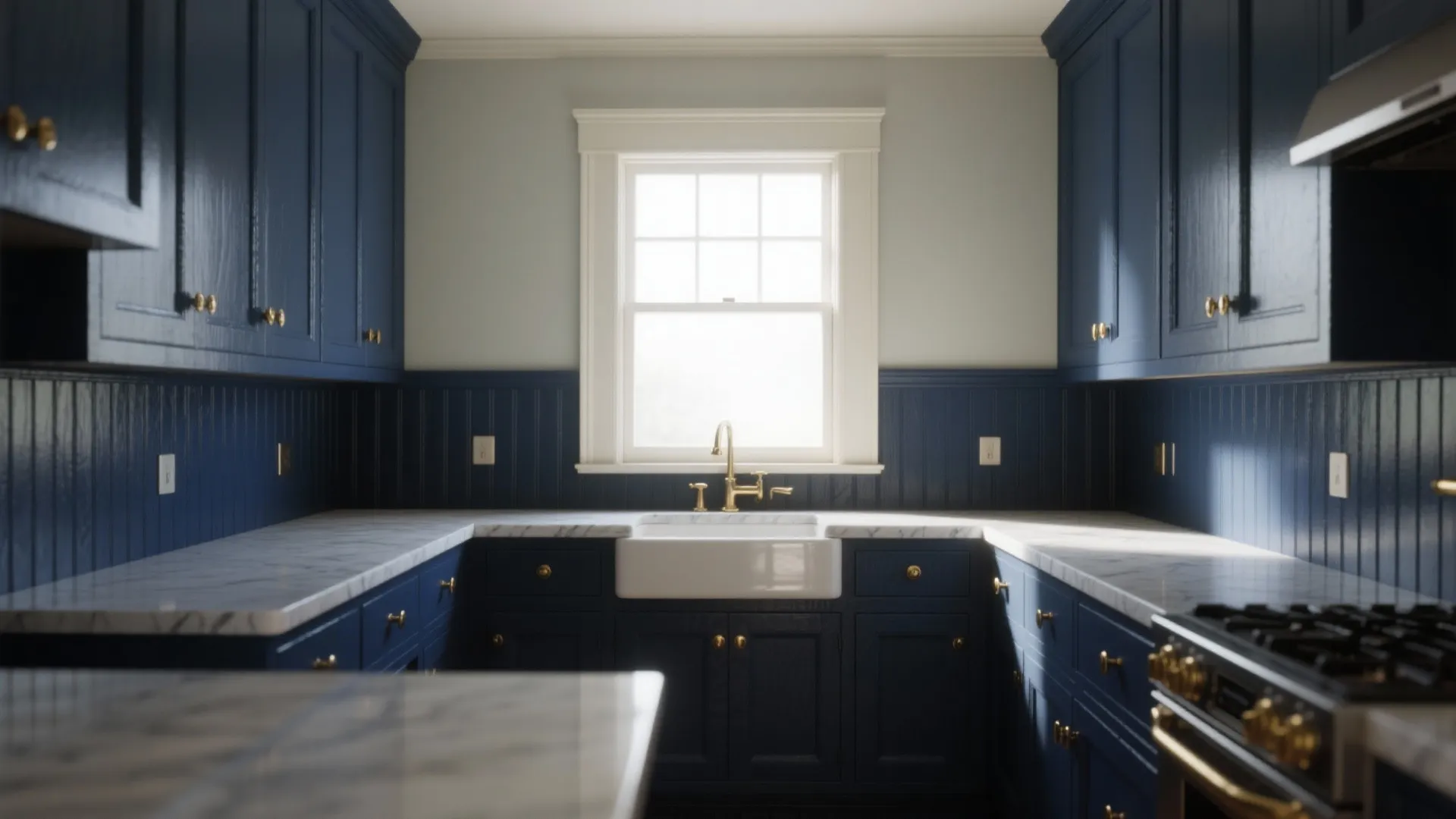 Modern kitchen with navy blue cabinets white marble countertop gold faucet and navy wall panel