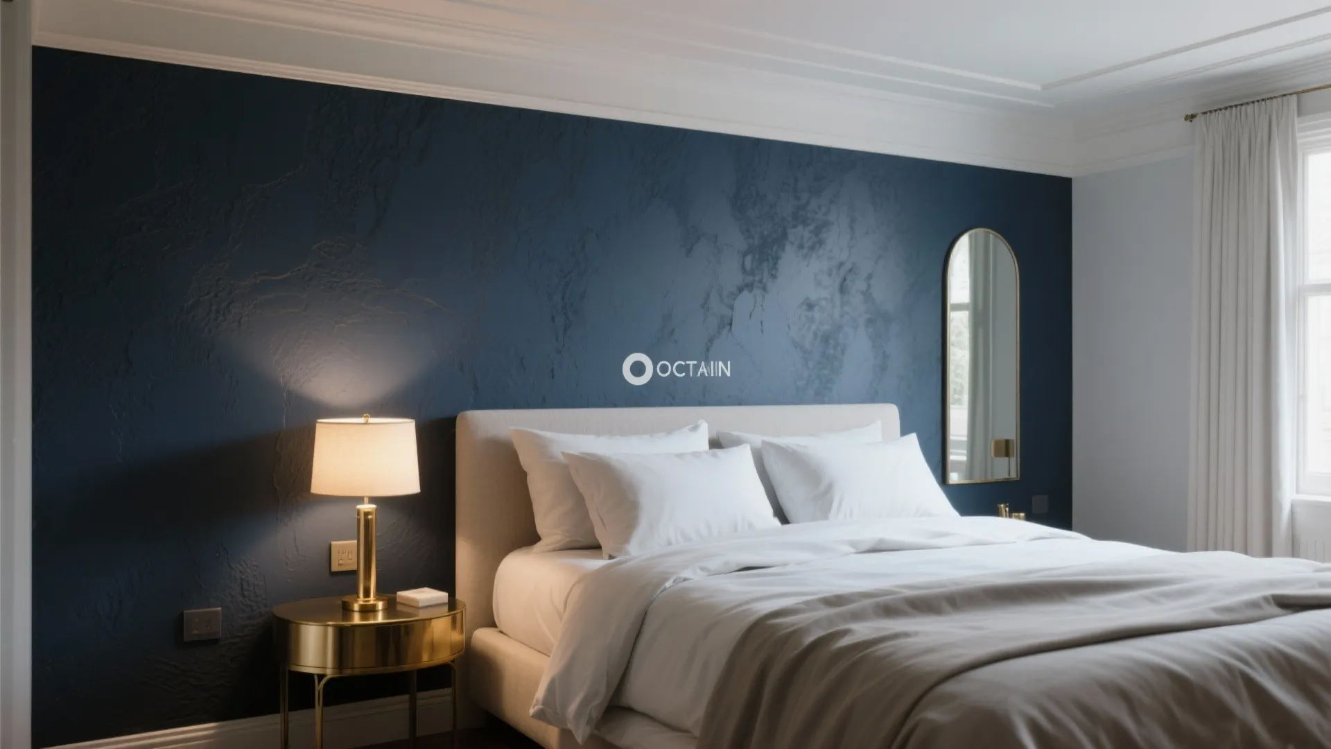Modern bedroom with dark blue textured wall white bed gold side table and warm light