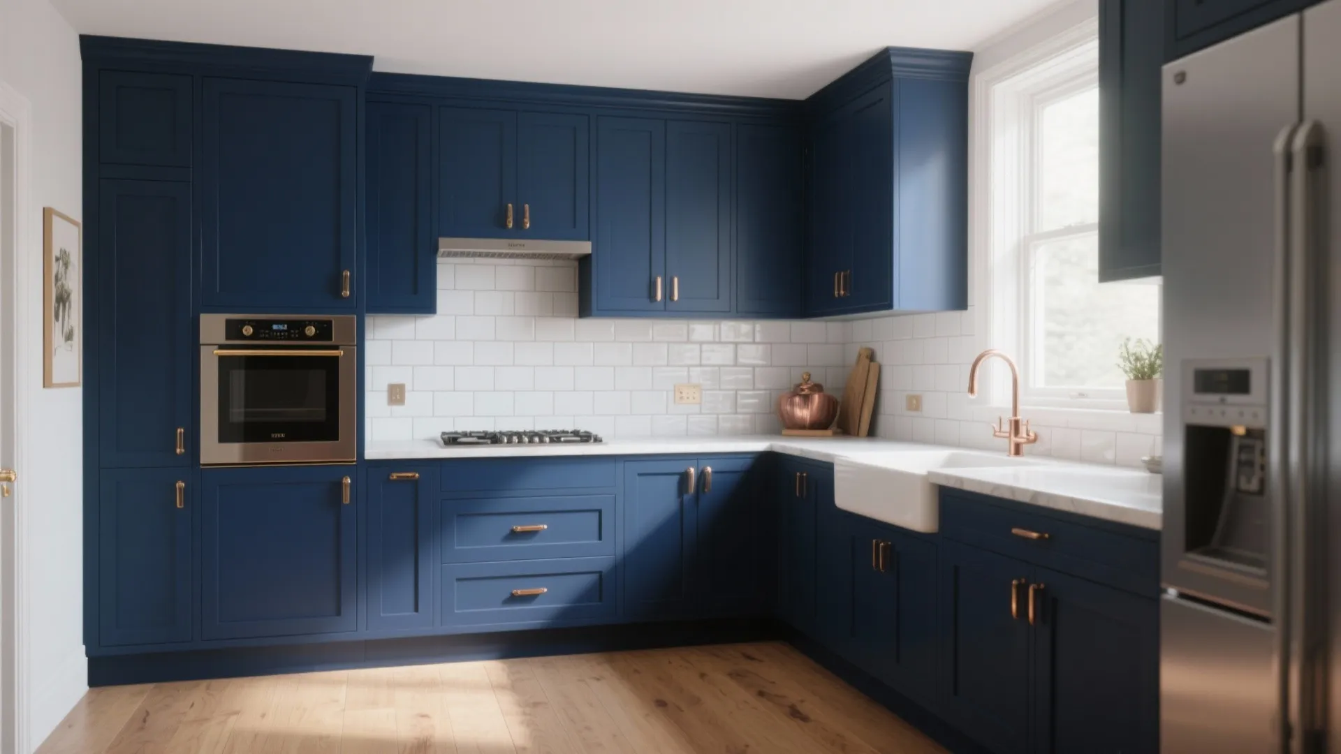 Modern navy blue kitchen with white tile wall gold handles wooden floor and built-in oven