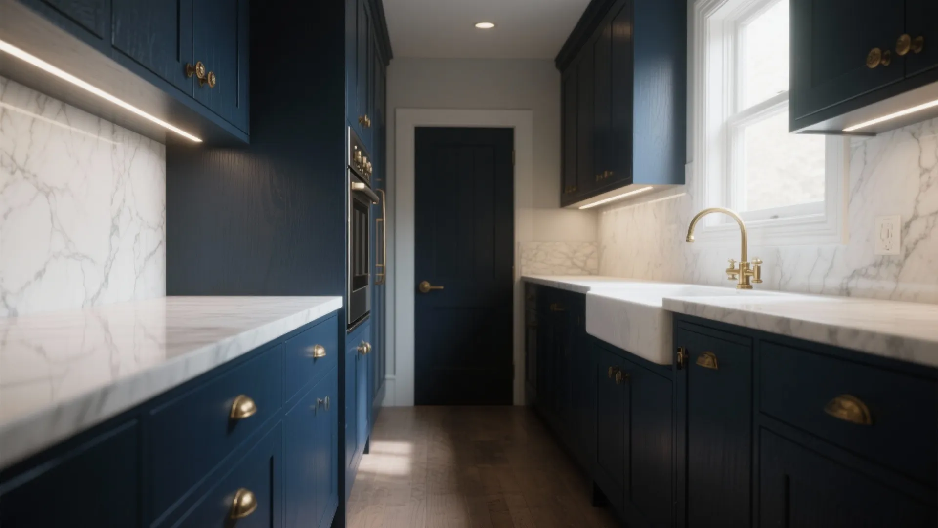 Small galley kitchen with deep navy lower cabinets, white quartz counters and brass hardware.