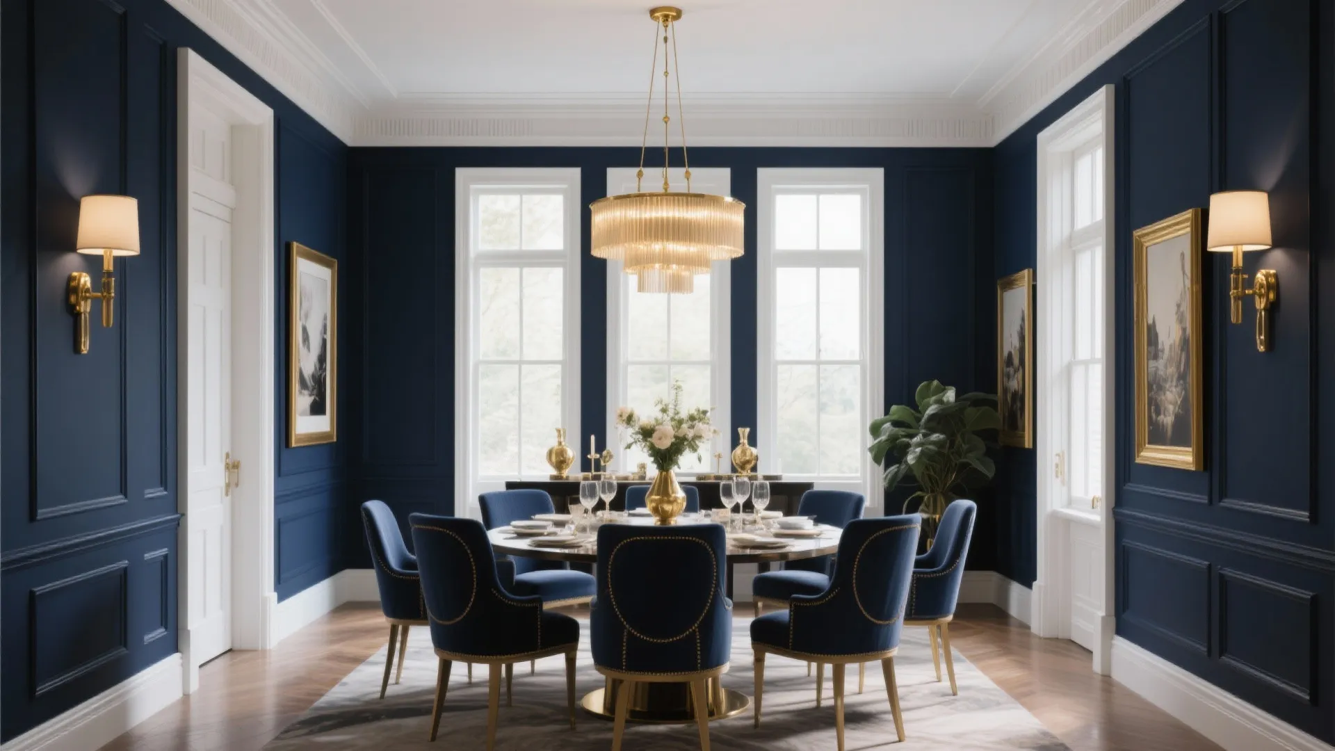 Deep navy dining room with gold accents and white trim