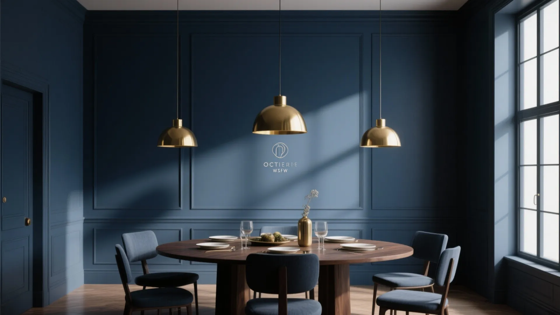 Dining room with deep navy blue walls and brass lighting