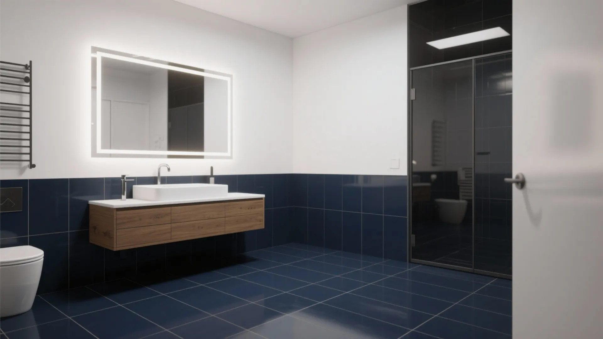 2. Deep navy floor tiles for ground and drama
