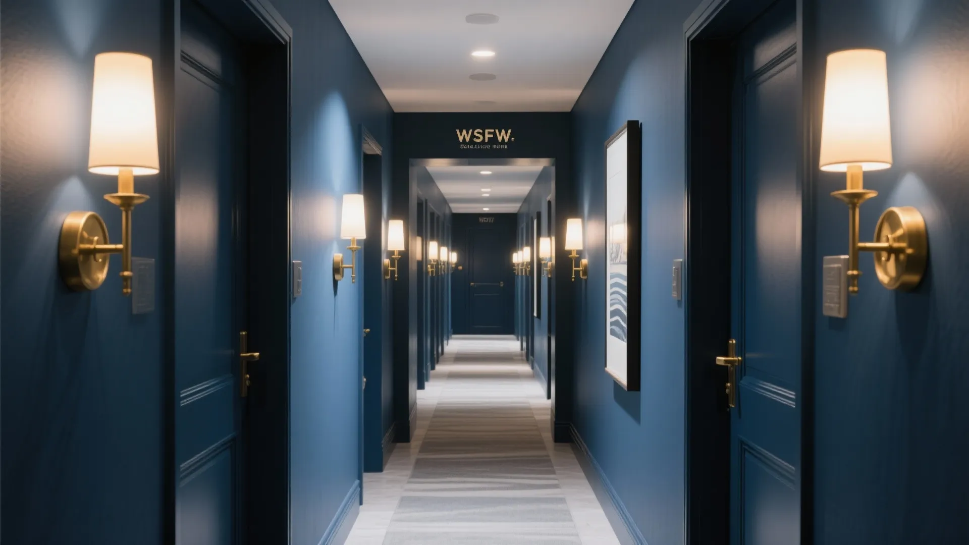 Long navy blue hallway with several gold wall lights blue doors and striped floor rug