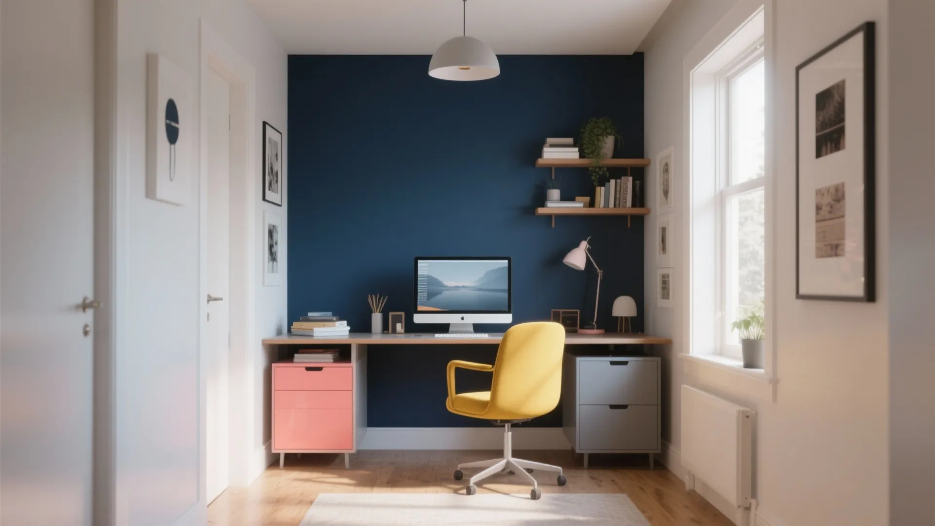Modern home office with dark blue wall, yellow chair, white desk, and natural window light