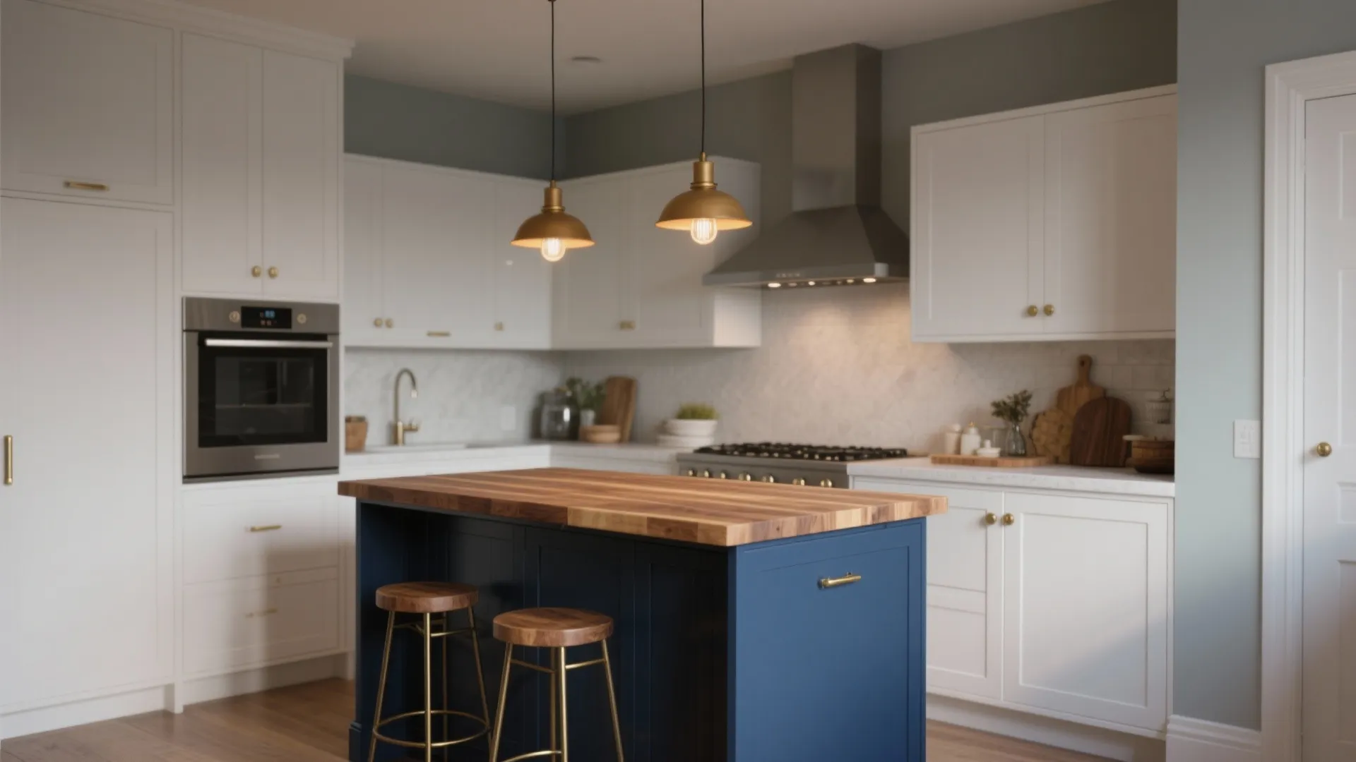 Modern kitchen with white cabinets blue island wood top brass ceiling light and wooden stools