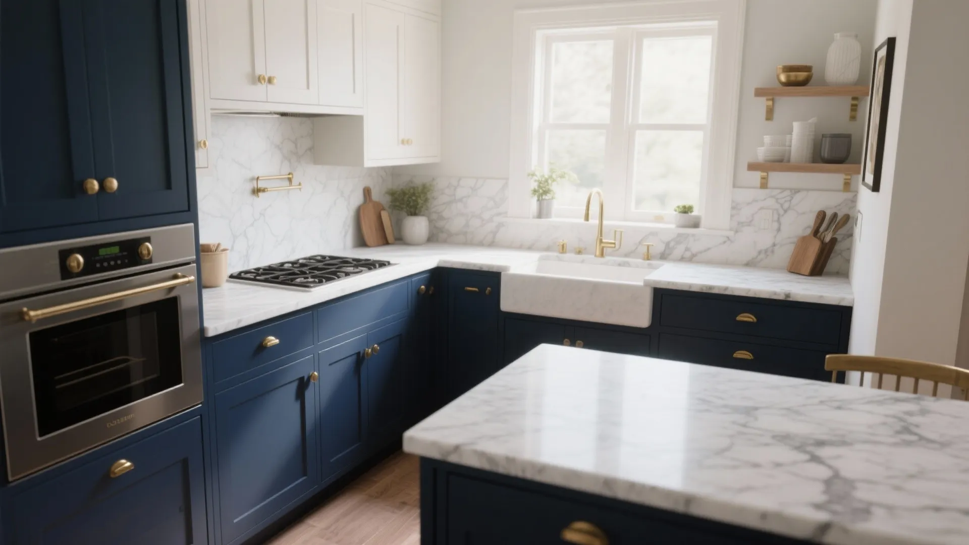 Modern navy blue kitchen cabinets with white marble countertop and gold hardware plus integrated oven