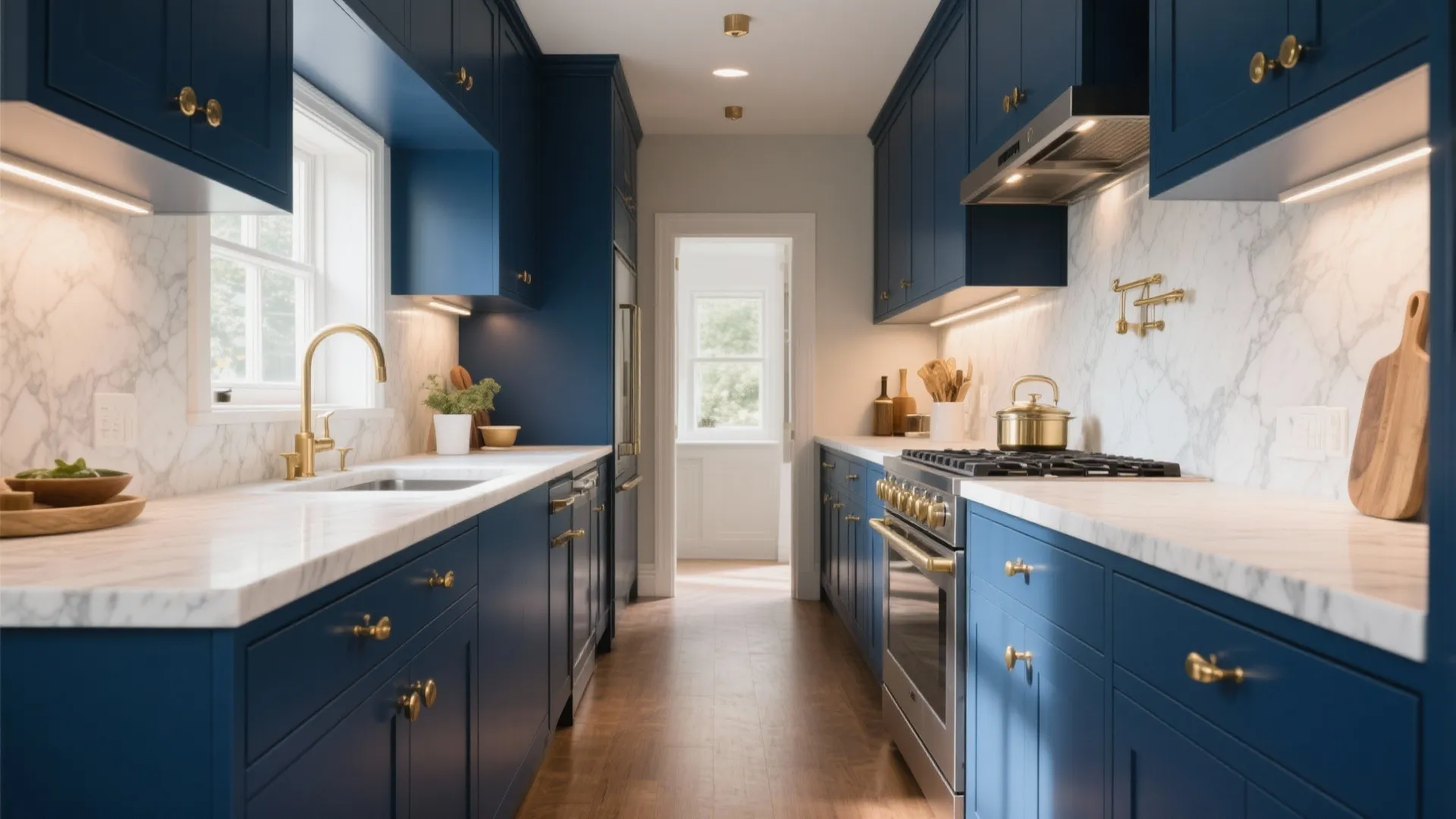Small galley kitchen with navy cabinets and brass handles