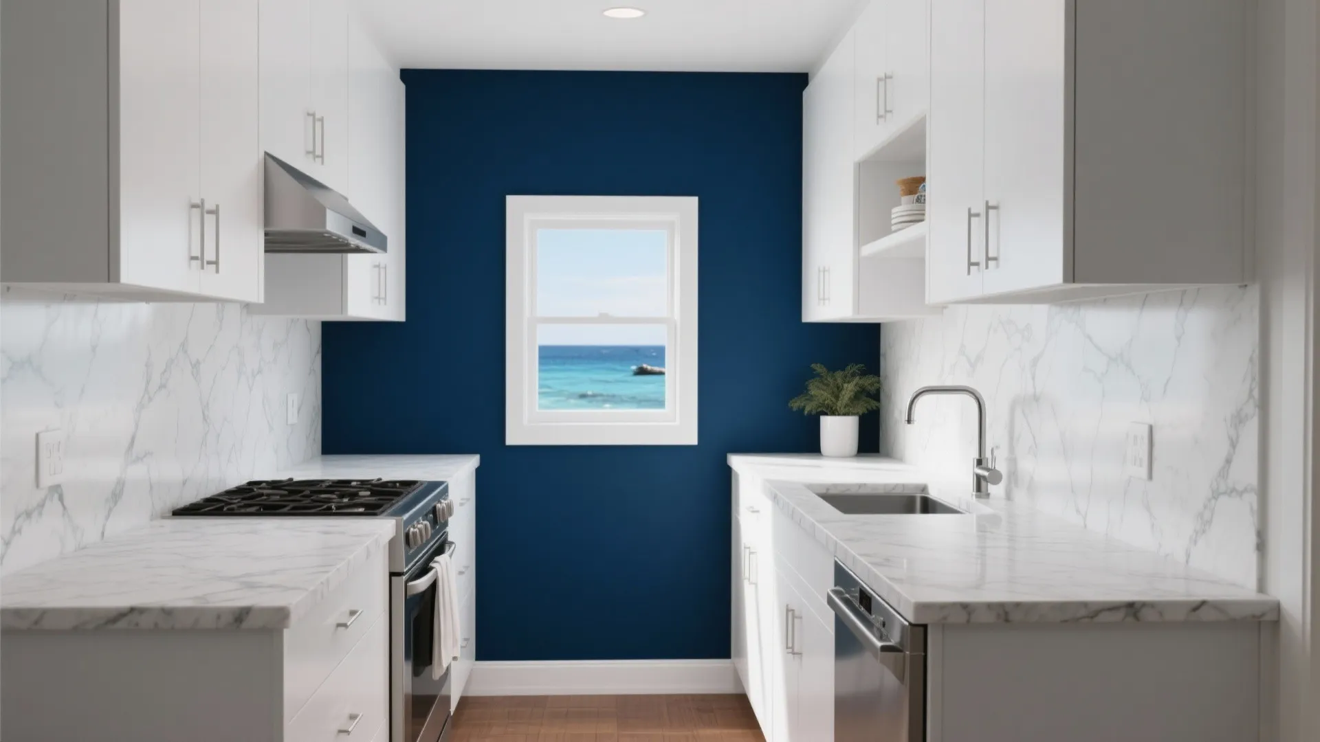 Modern kitchen with navy blue wall white cabinets marble countertops sink stove and sea view window