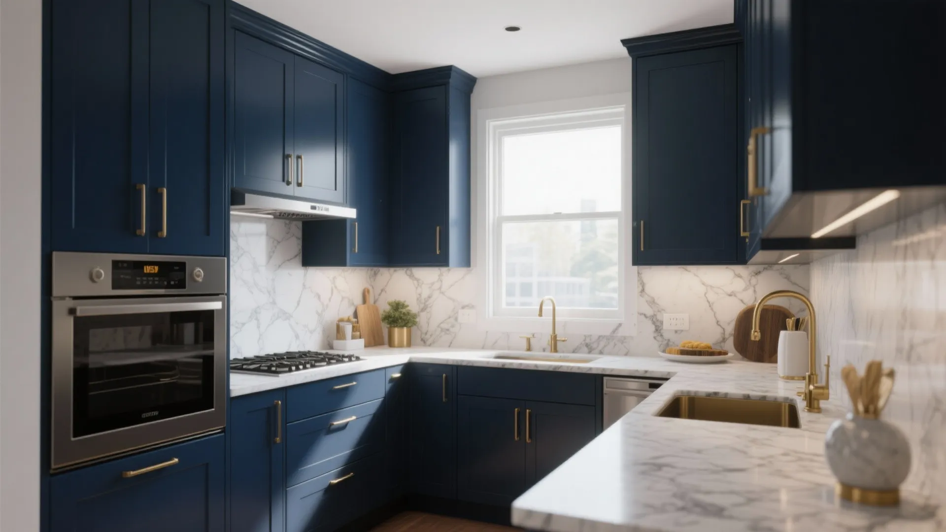 Modern navy blue kitchen with white marble countertop gold faucet built in oven and bright window