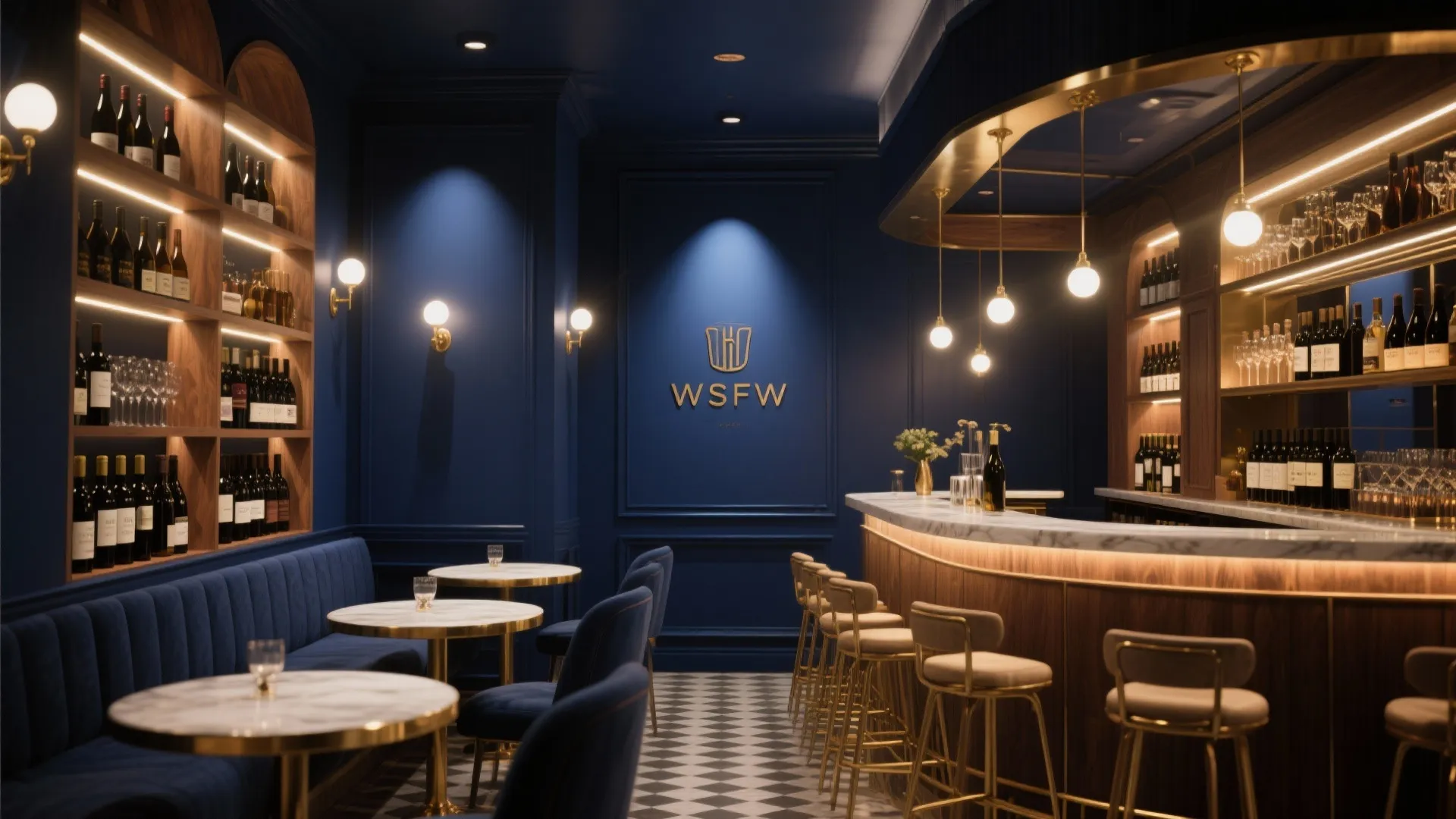Elegant blue bar with wood counter marble tables velvet chairs and warm hanging light fixtures