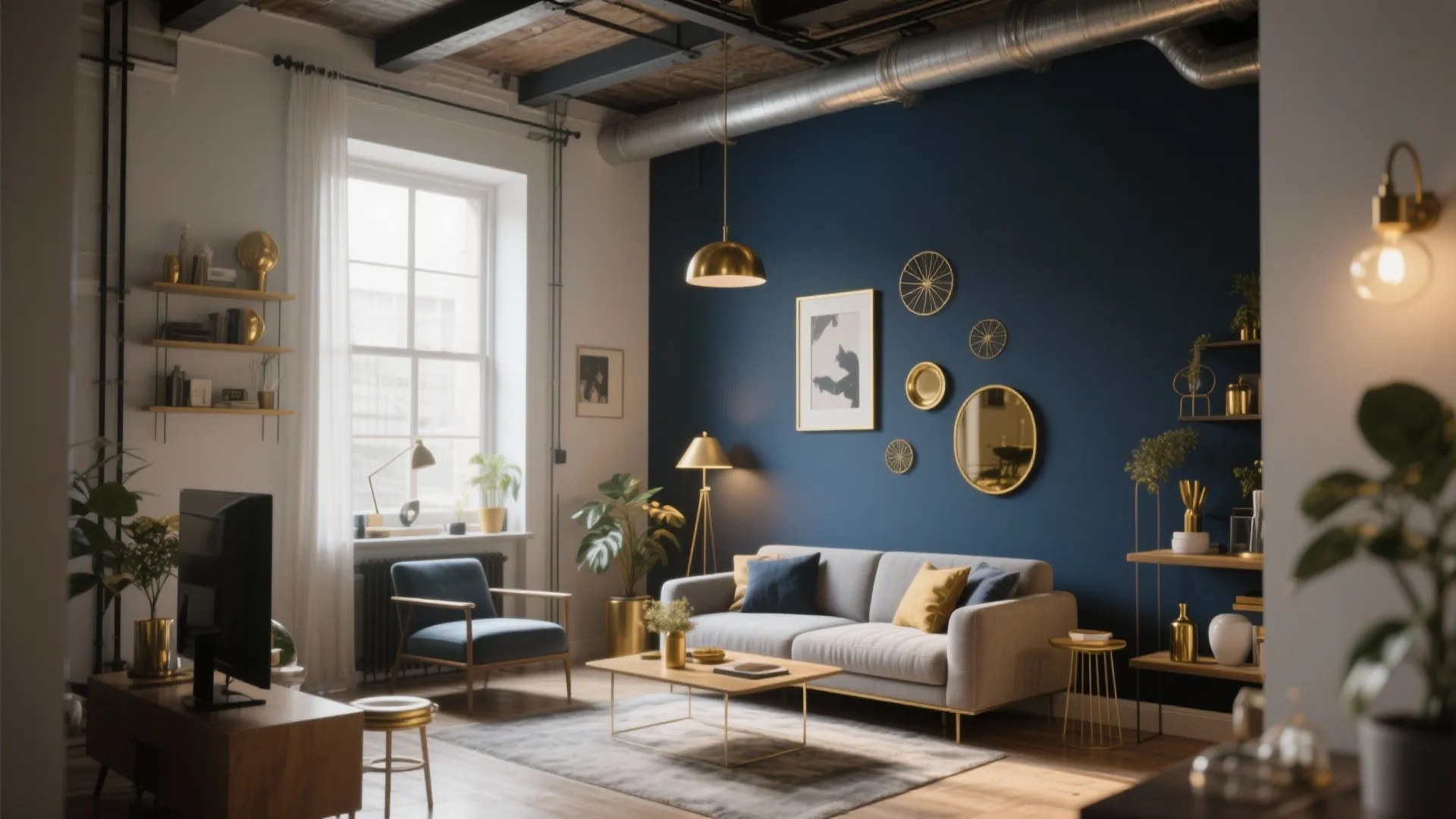 Modern living room with navy blue wall grey sofa gold ceiling light wooden floor and plants