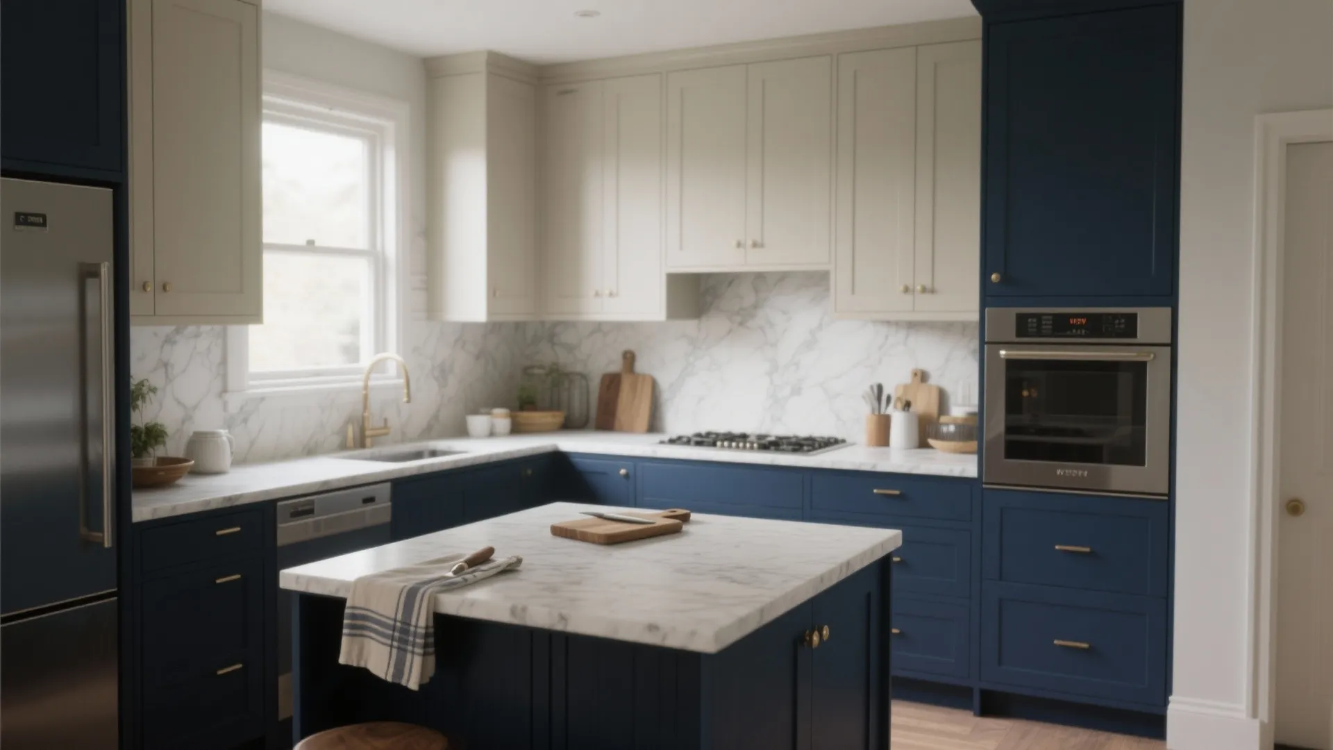 Modern kitchen with blue lower cabinets white upper cabinets marble island and stainless steel appliances