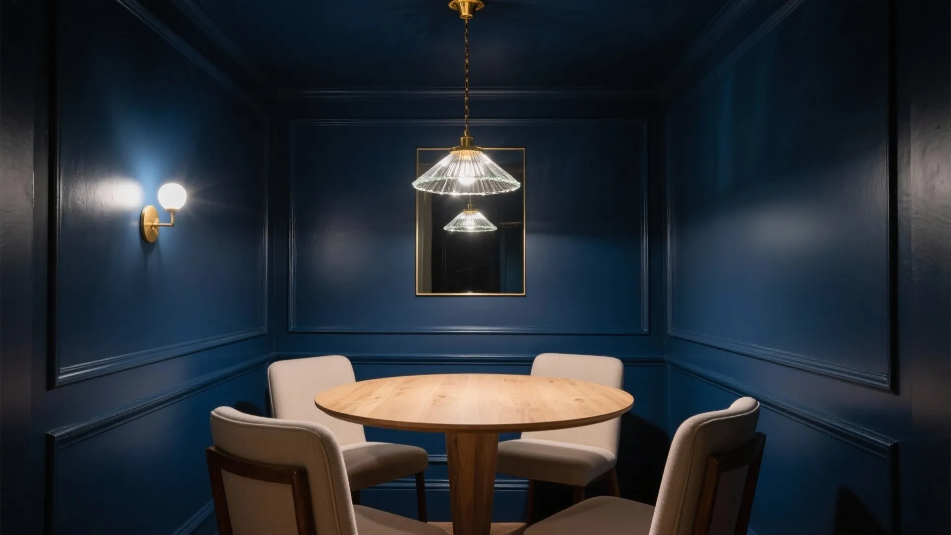 Tiny dining nook drenched in deep navy with light furniture and a brass pendant at warm evening light.
