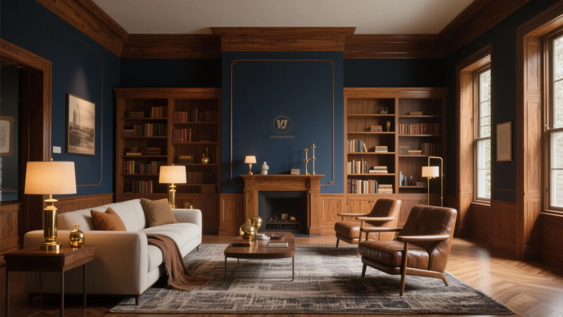 Classic living room with navy blue walls wooden bookshelves white sofa brown leather chairs and fireplace