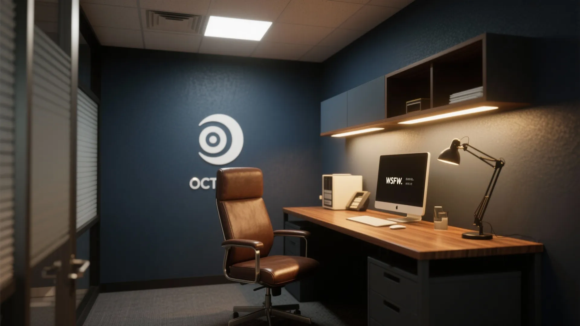 Small office with navy blue walls brown leather chair wooden desk computer and black lamp
