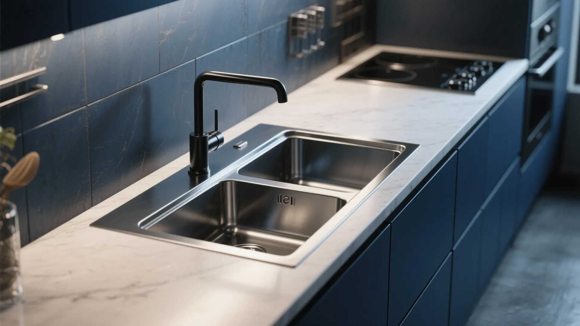 Deep navy coated stainless sink paired with light countertops and durable fixtures.