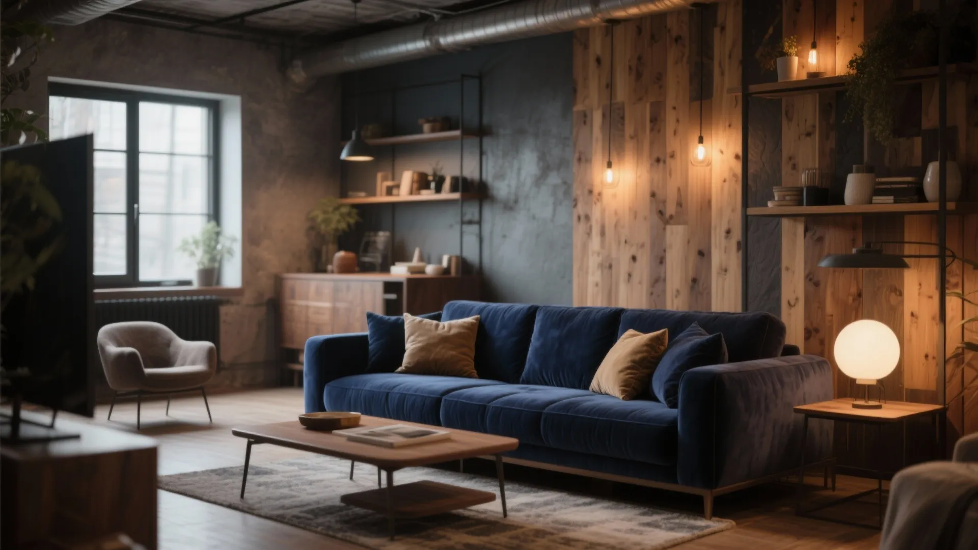 Modern industrial living room featuring navy blue sofa, wooden wall panels, and round warm lamp