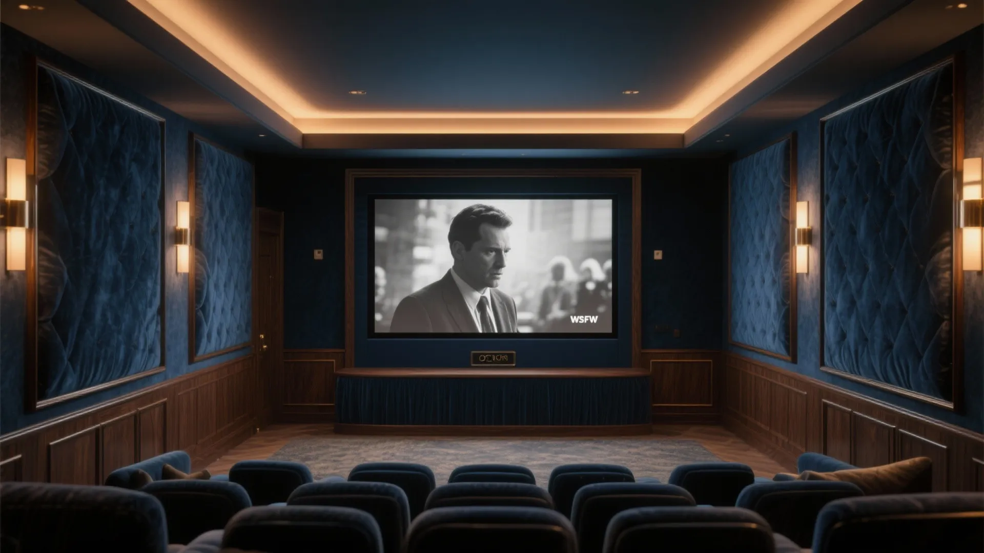Luxury home cinema with blue padded wall panels navy seats movie screen and soft ceiling light