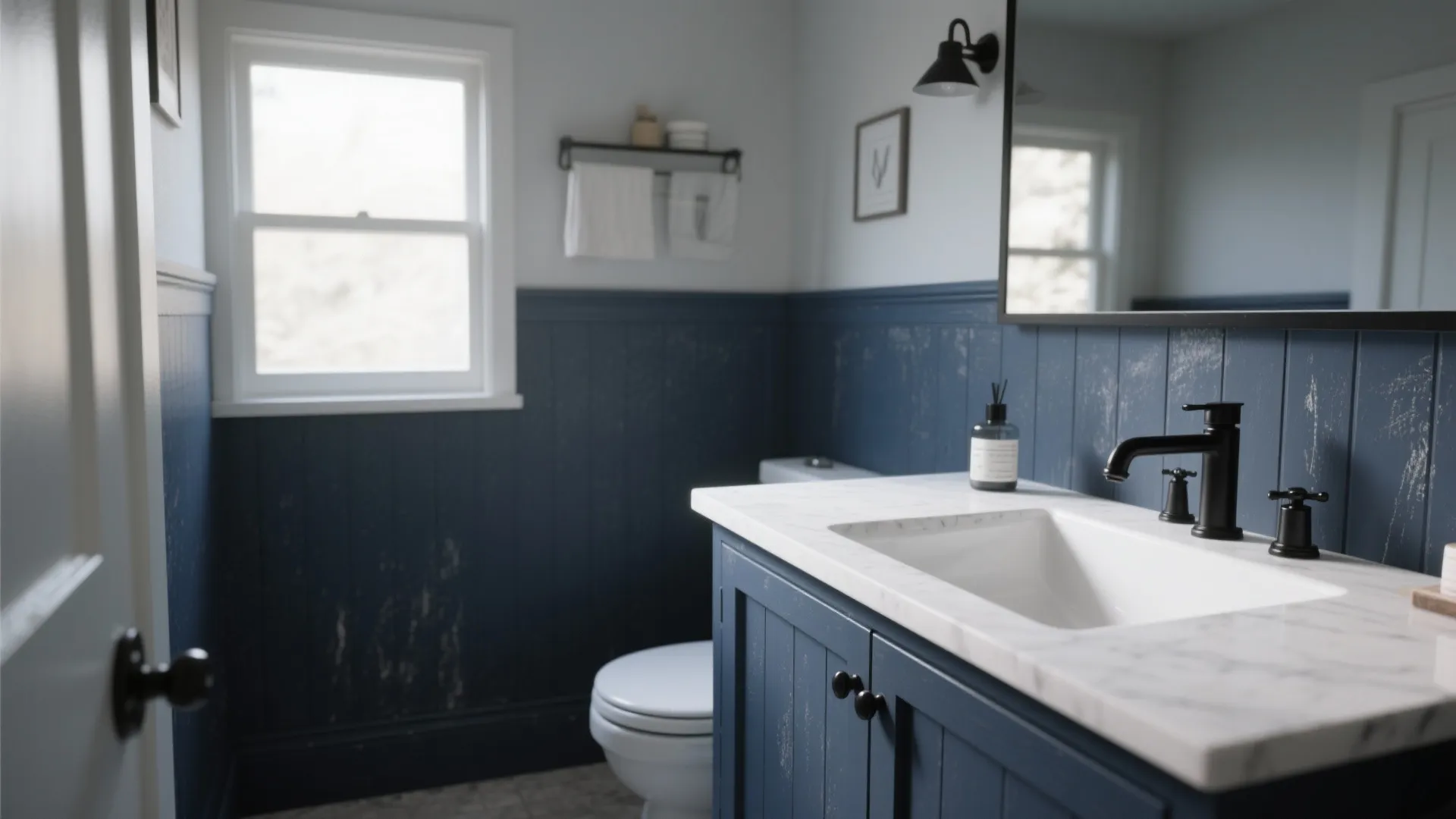 Modern navy blue bathroom cabinet with white marble top blue wall panel and bright window
