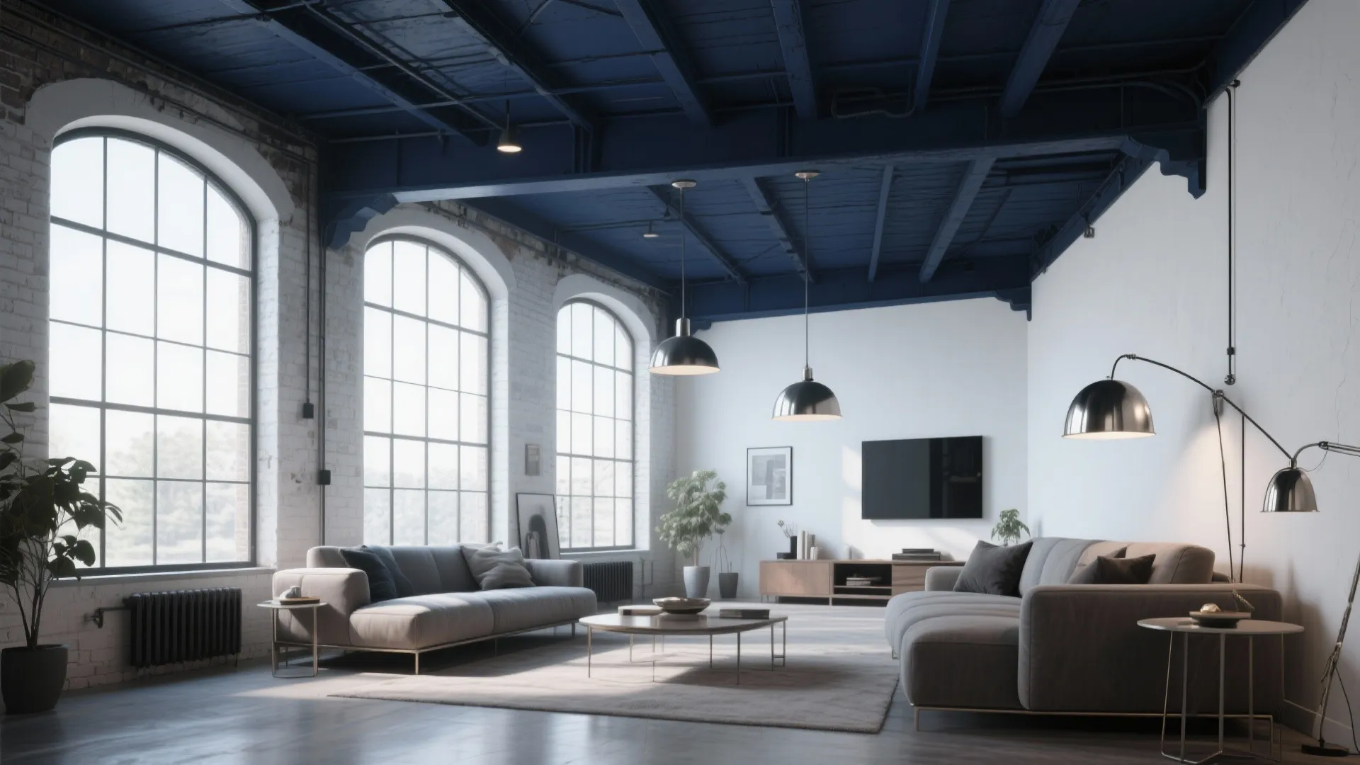 Loft with deep navy vaulted ceiling and white walls