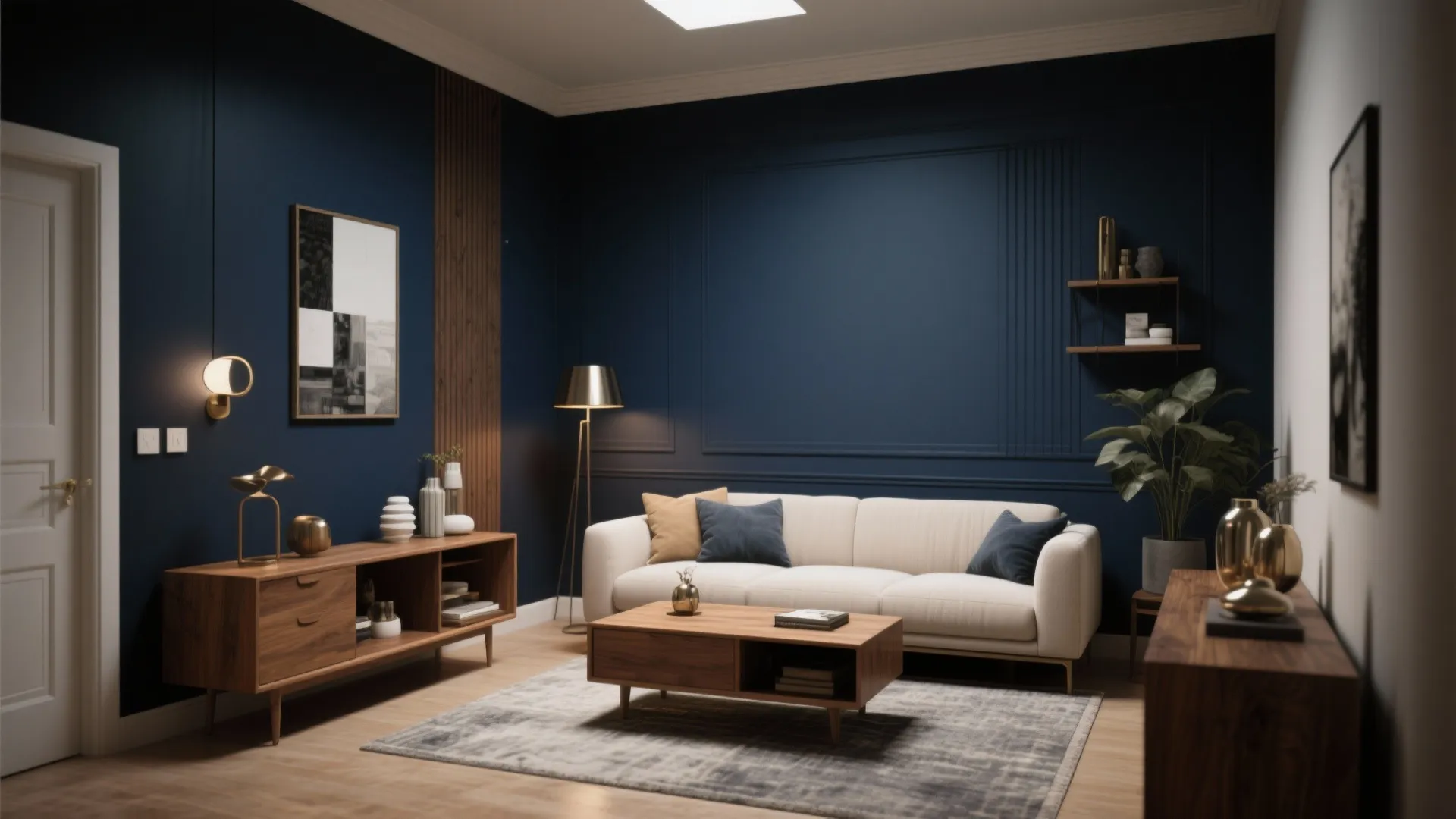 Small living room with a deep navy accent wall and light furnishings