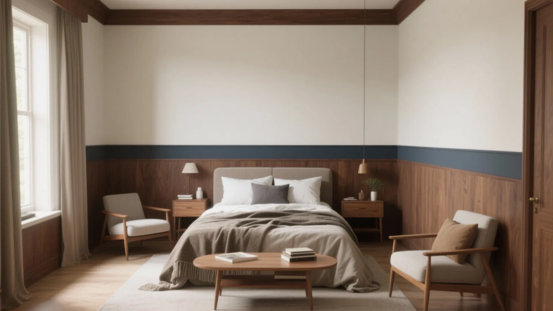 Airy room with pale walls and warm deep brown trim anchoring the palette and making furnishings pop.