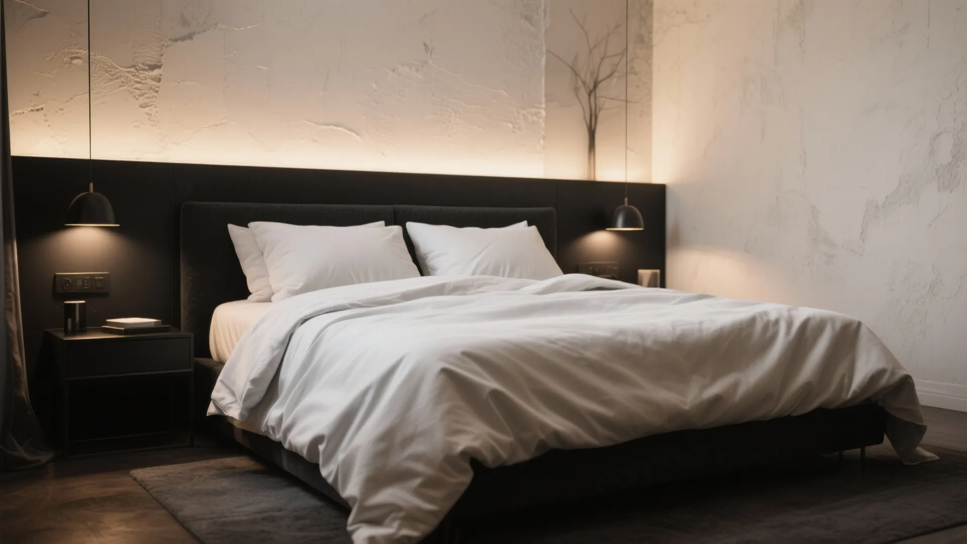 A modern bed with white sheets and dark headboard under hanging lights and textured walls