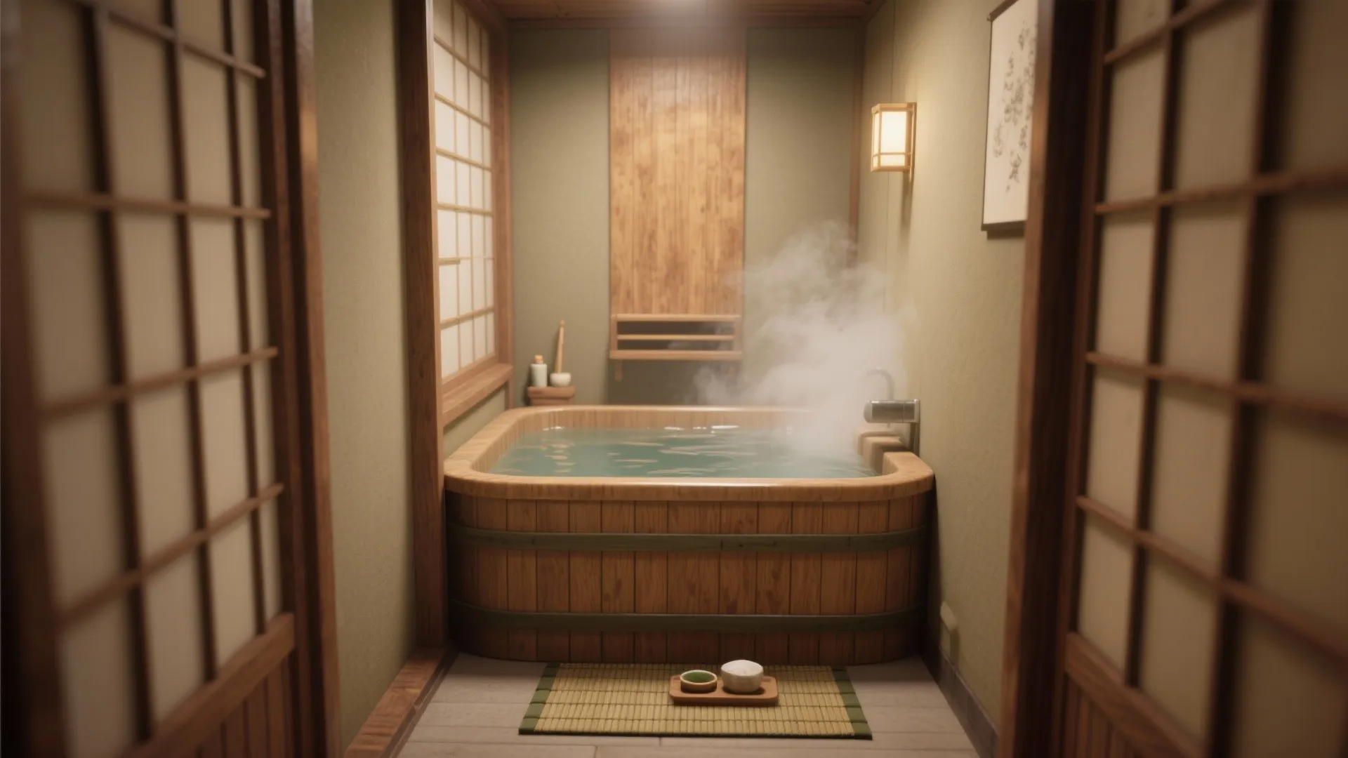 Traditional wooden bath tub in a peaceful room with soft lighting and green wall panels